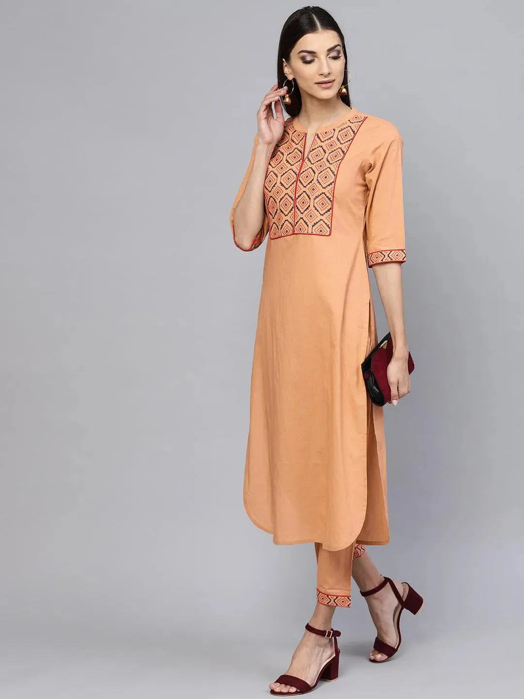 Anouk Brown Embroidered Cotton Straight Kurta With Trousers