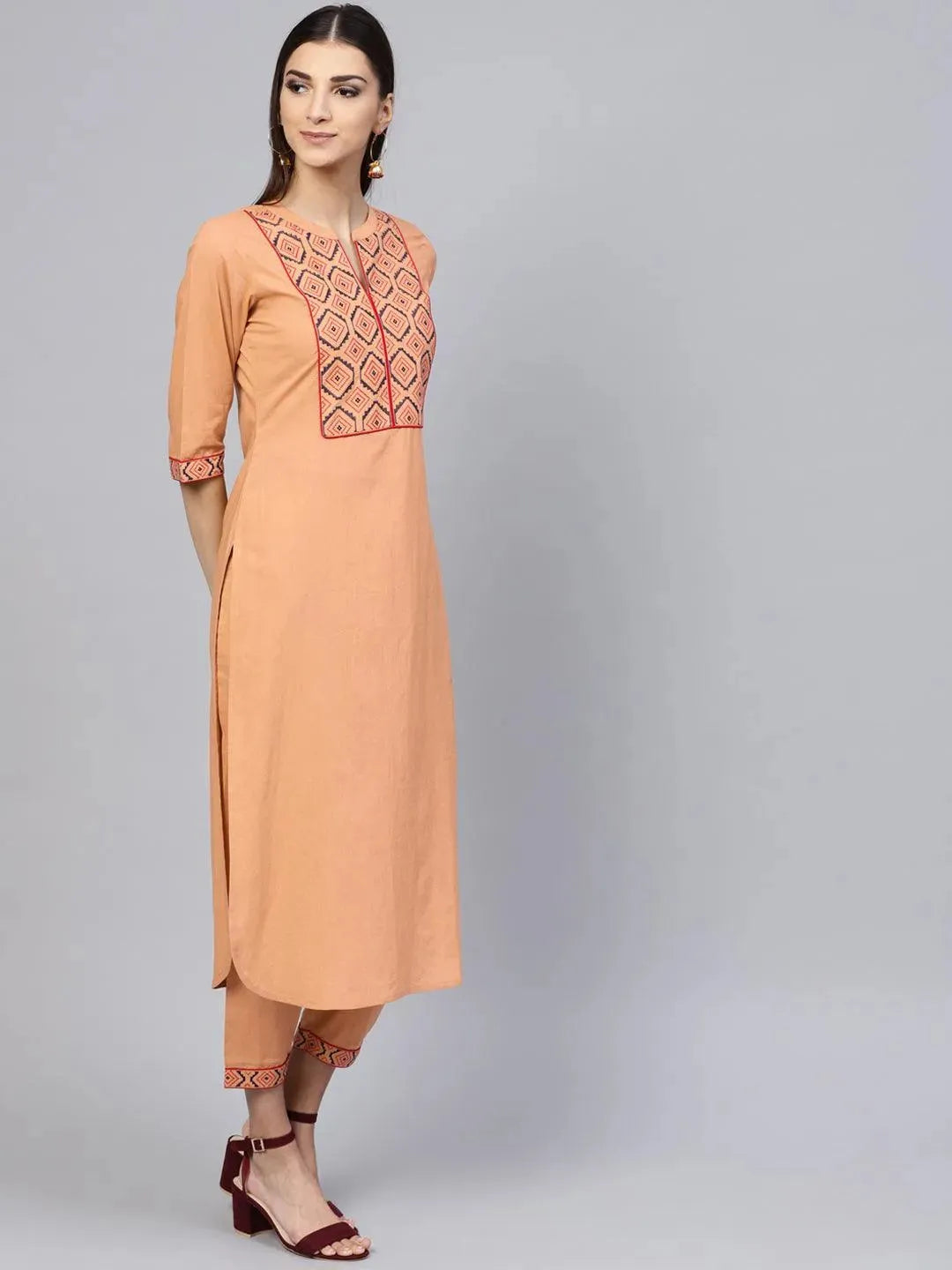 Anouk Brown Embroidered Cotton Straight Kurta With Trousers