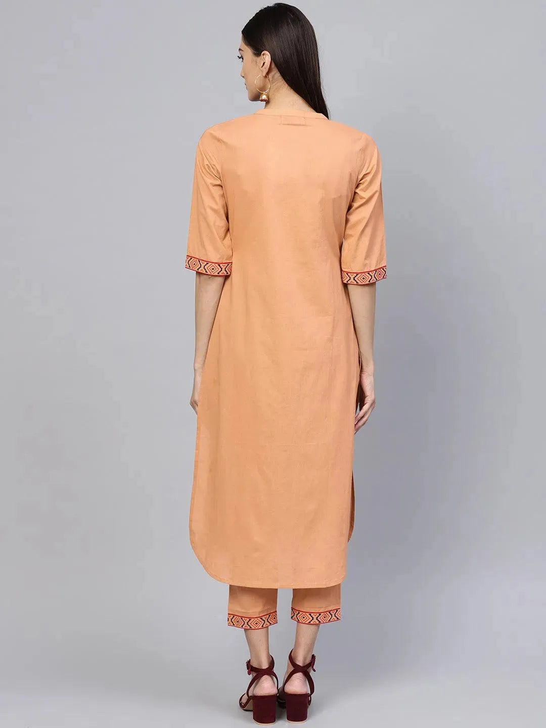Anouk Brown Embroidered Cotton Straight Kurta With Trousers