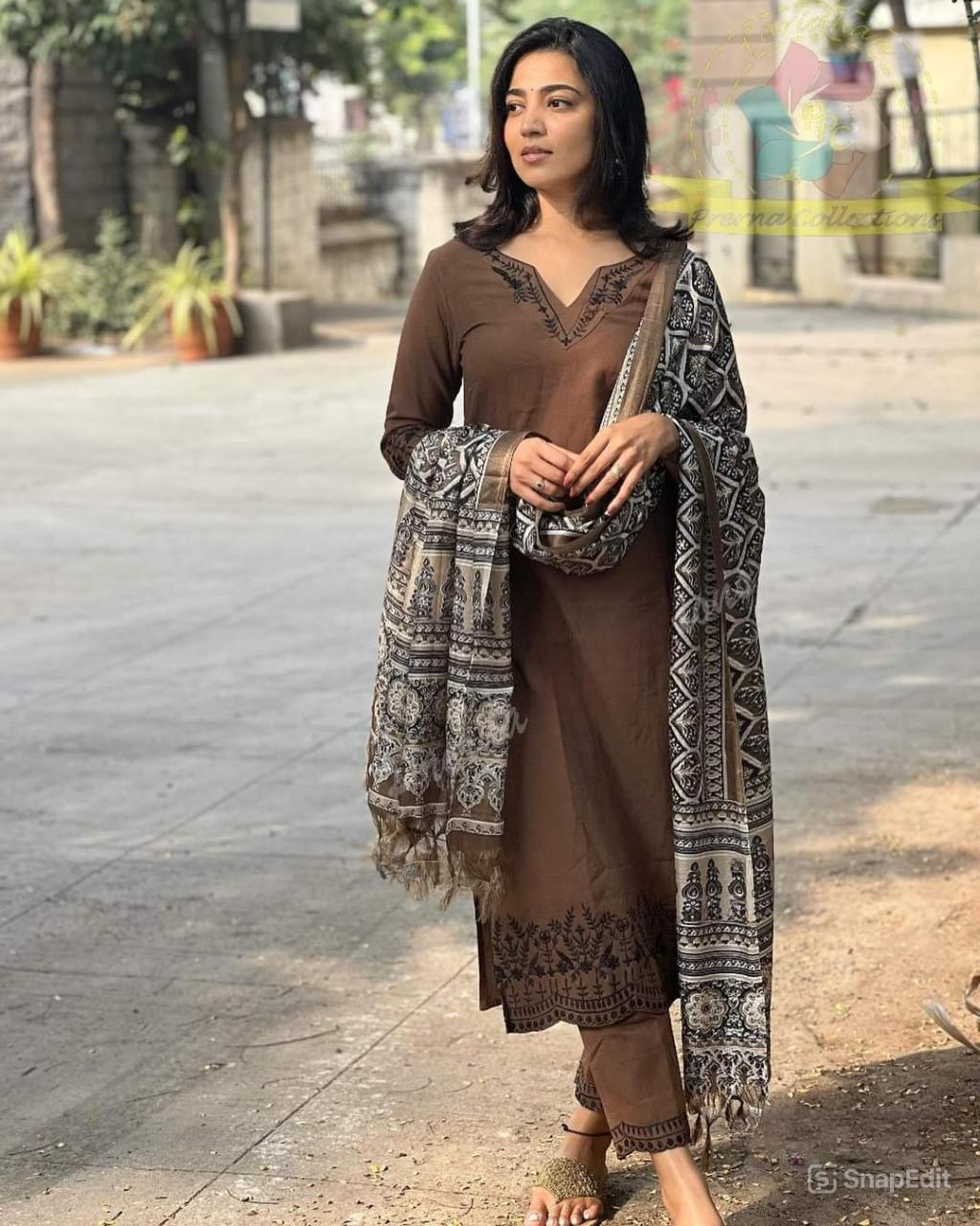 Brown Cotton Suit Set with Embroidery & Digital Print Dupatta