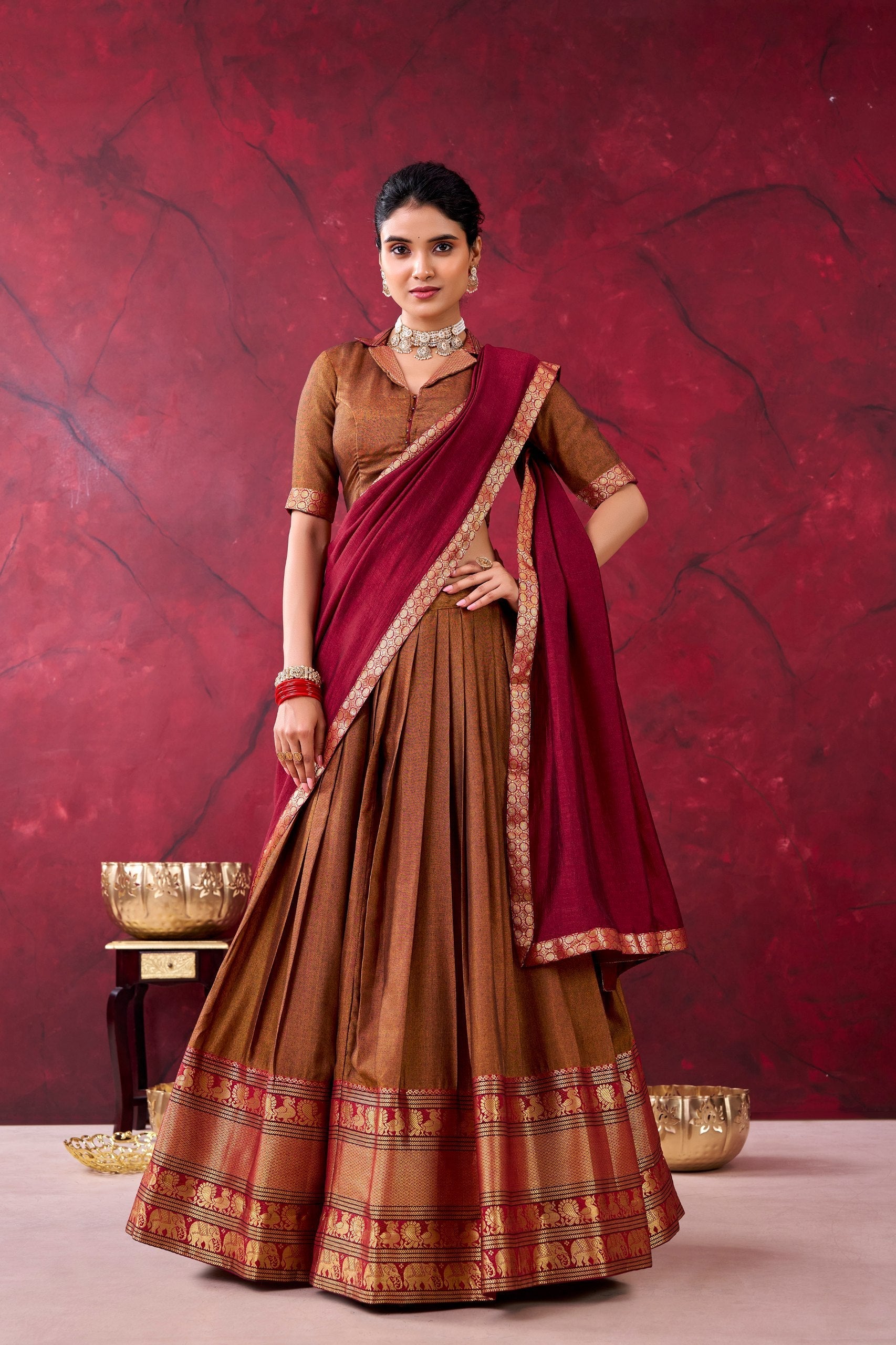 Brown Narayan Pet Cotton Lehenga Set