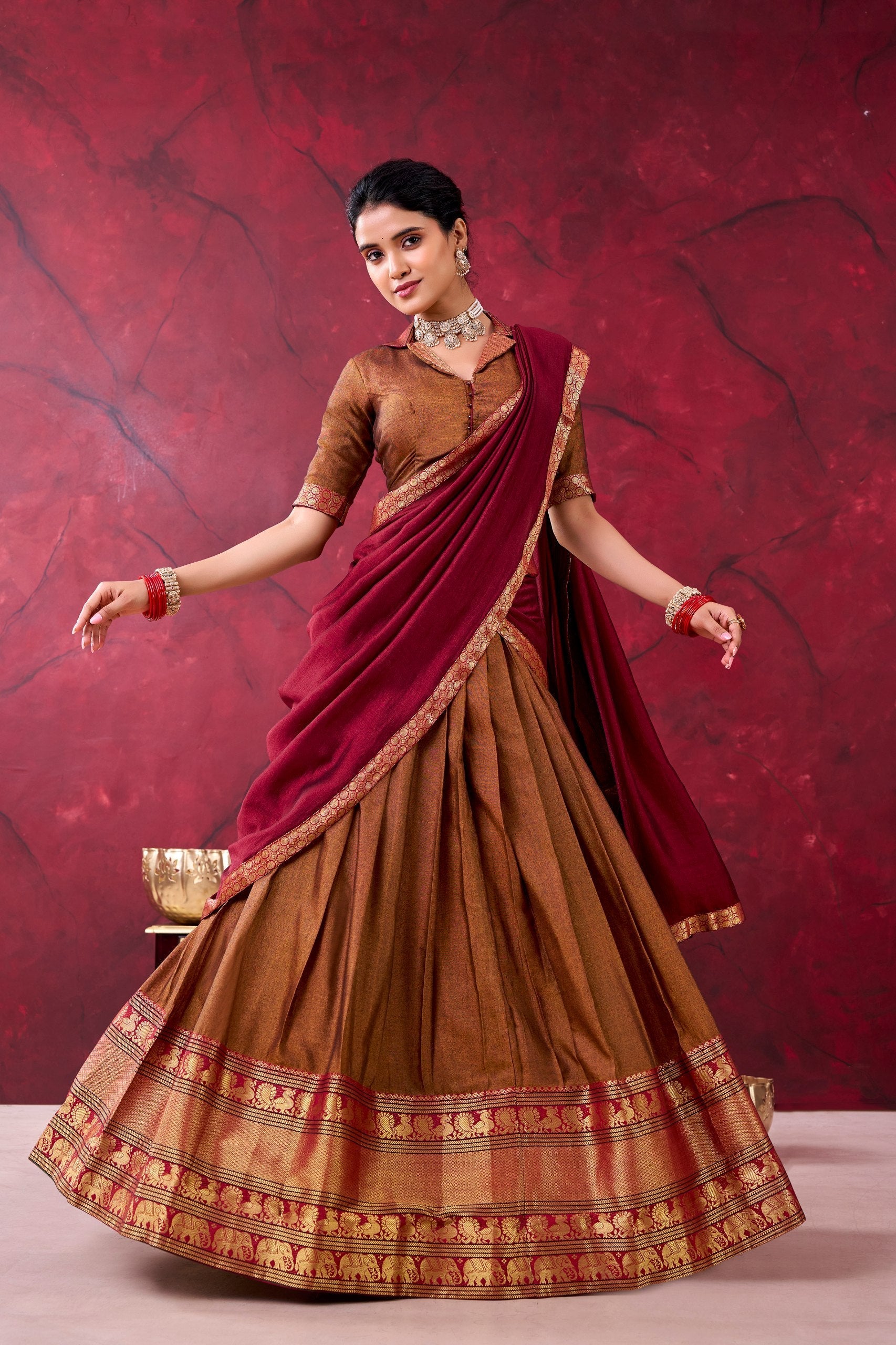 Brown Narayan Pet Cotton Lehenga Set