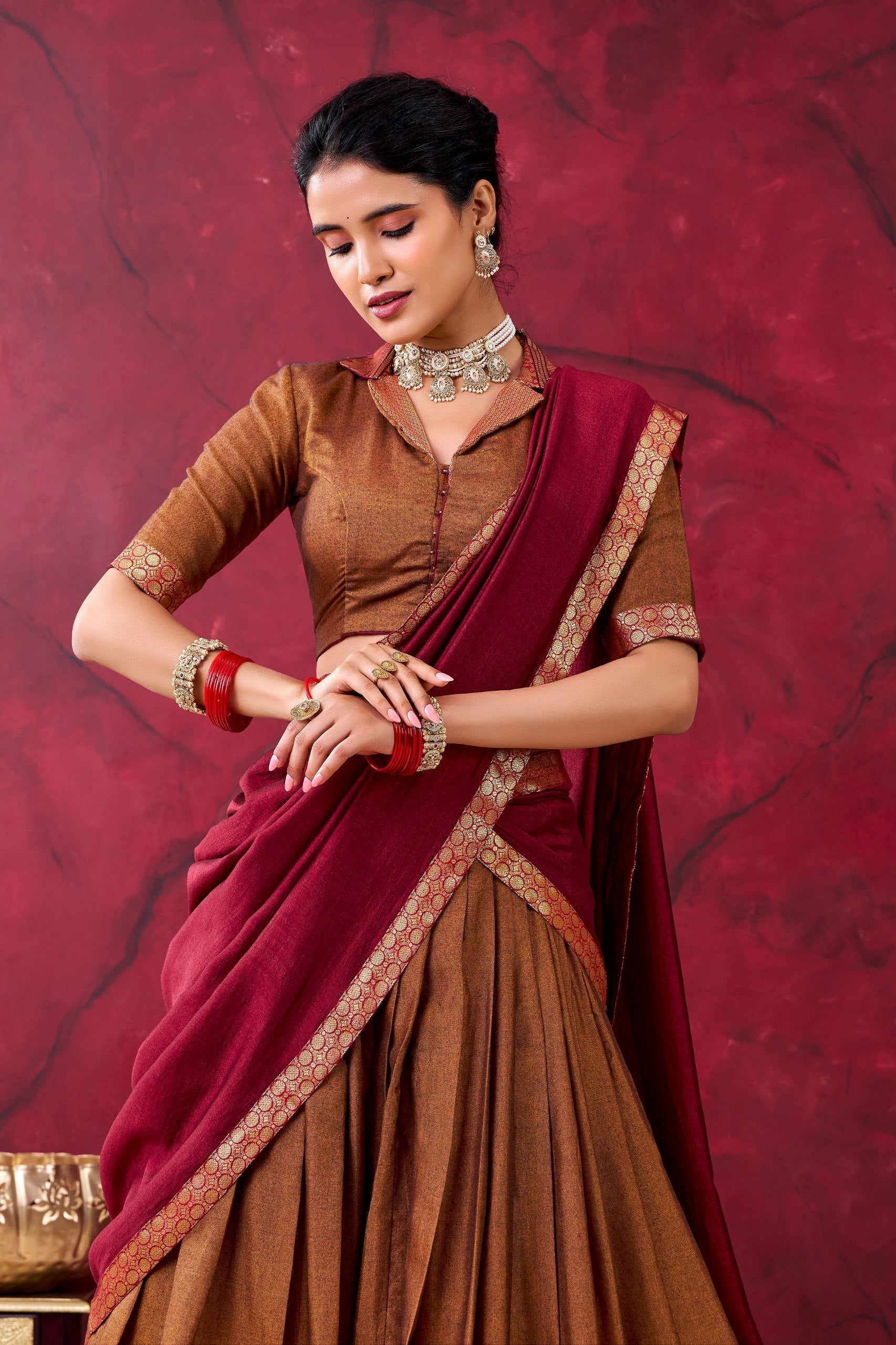 Brown Narayan Pet Cotton Lehenga Set