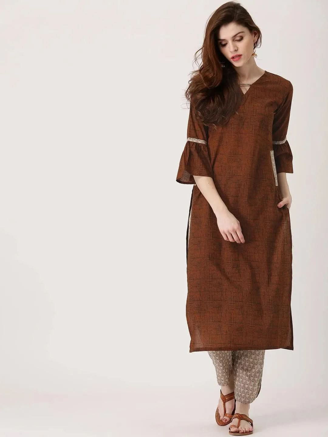 Anouk Brown Printed Cotton Straight Kurta With Trousers