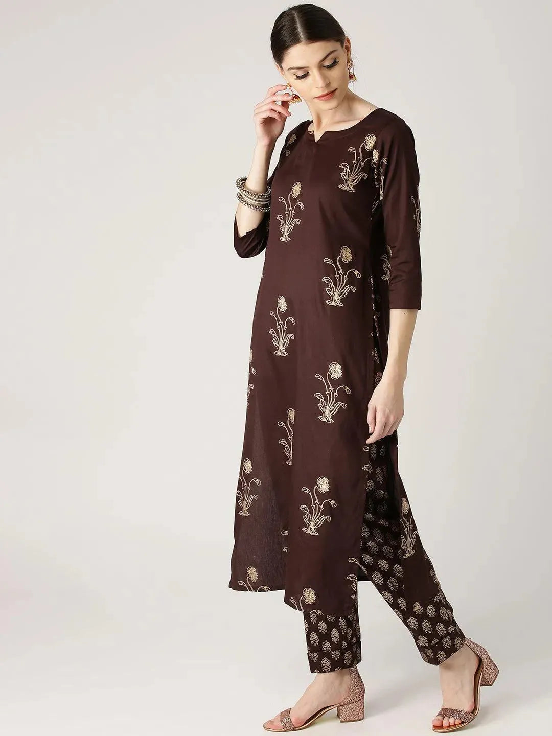 Anouk Brown Printed Cotton Straight Kurta With Trousers
