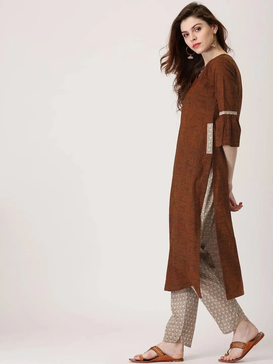 Anouk Brown Printed Cotton Straight Kurta With Trousers