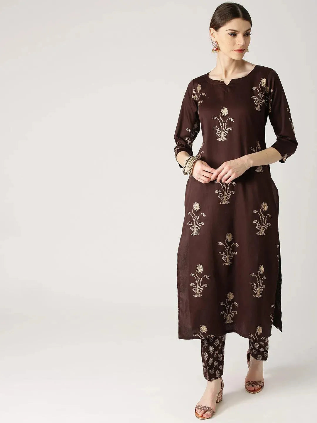 Anouk Brown Printed Cotton Straight Kurta With Trousers