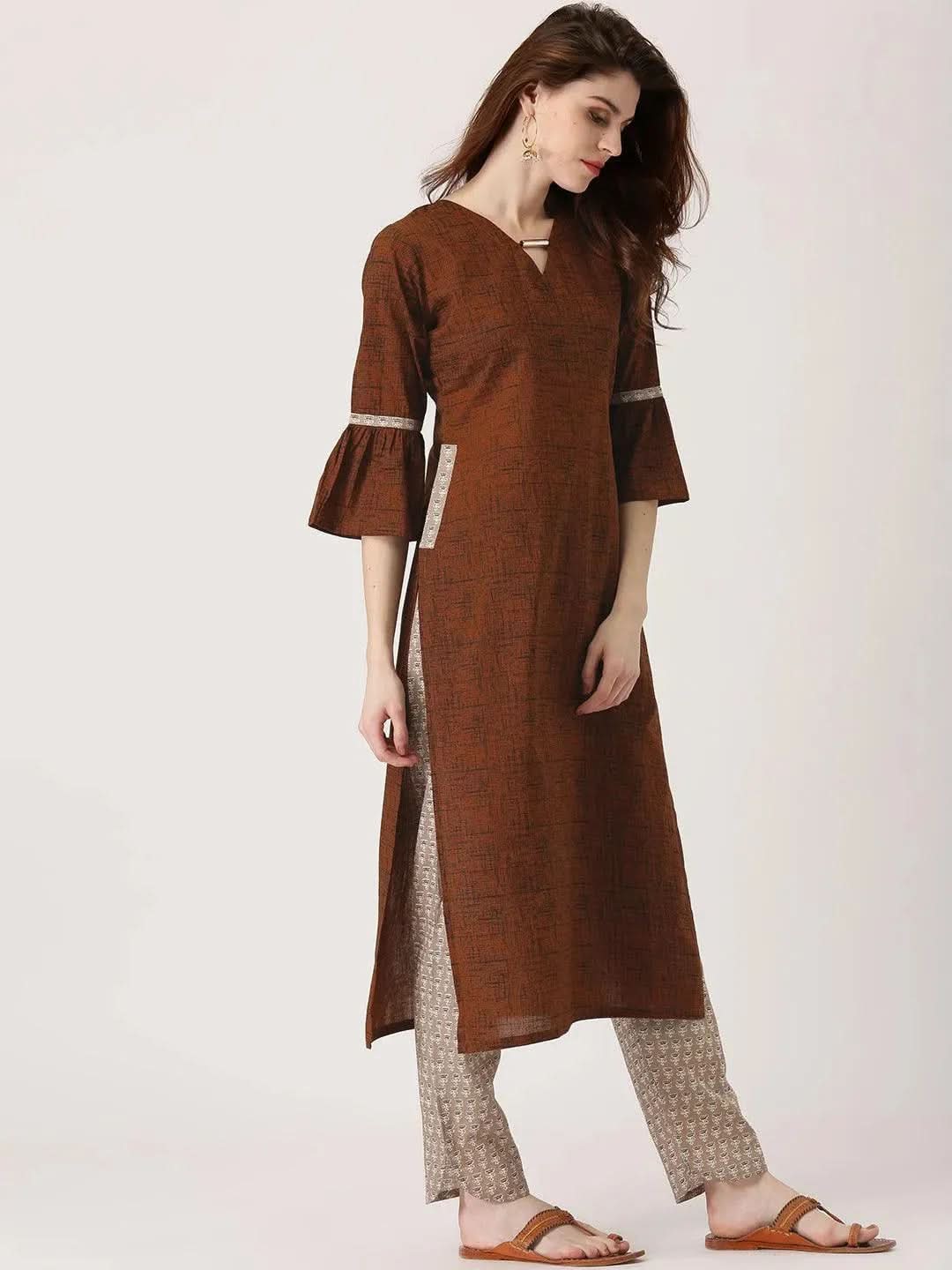 Anouk Brown Printed Cotton Straight Kurta With Trousers