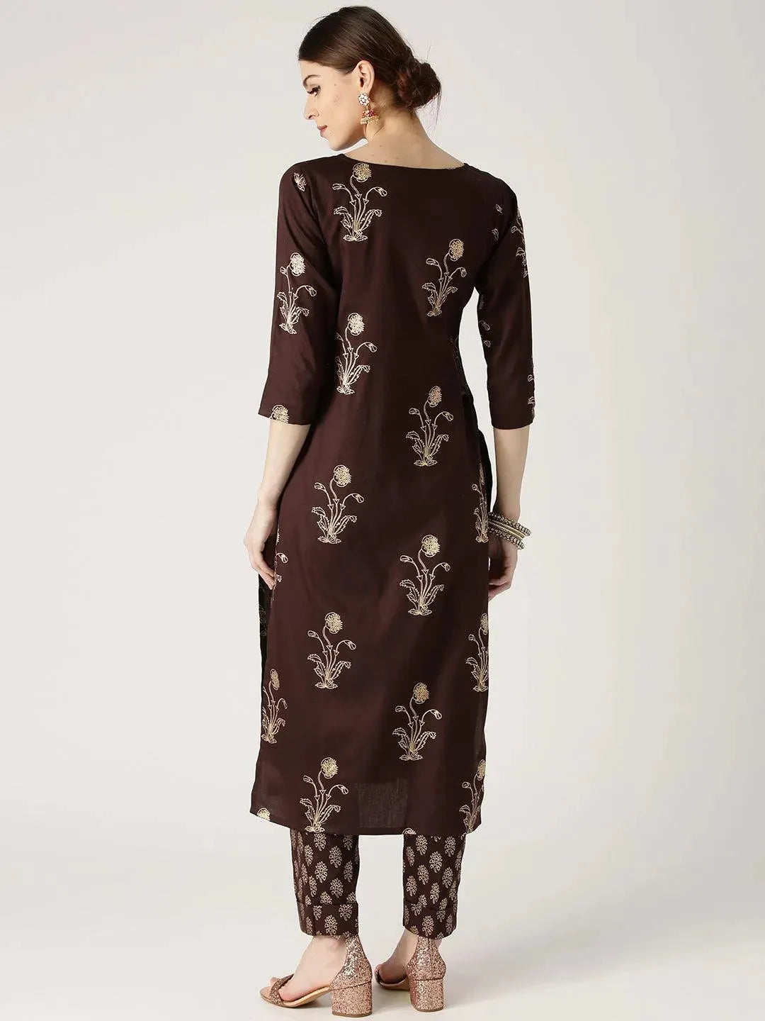 Anouk Brown Printed Cotton Straight Kurta With Trousers