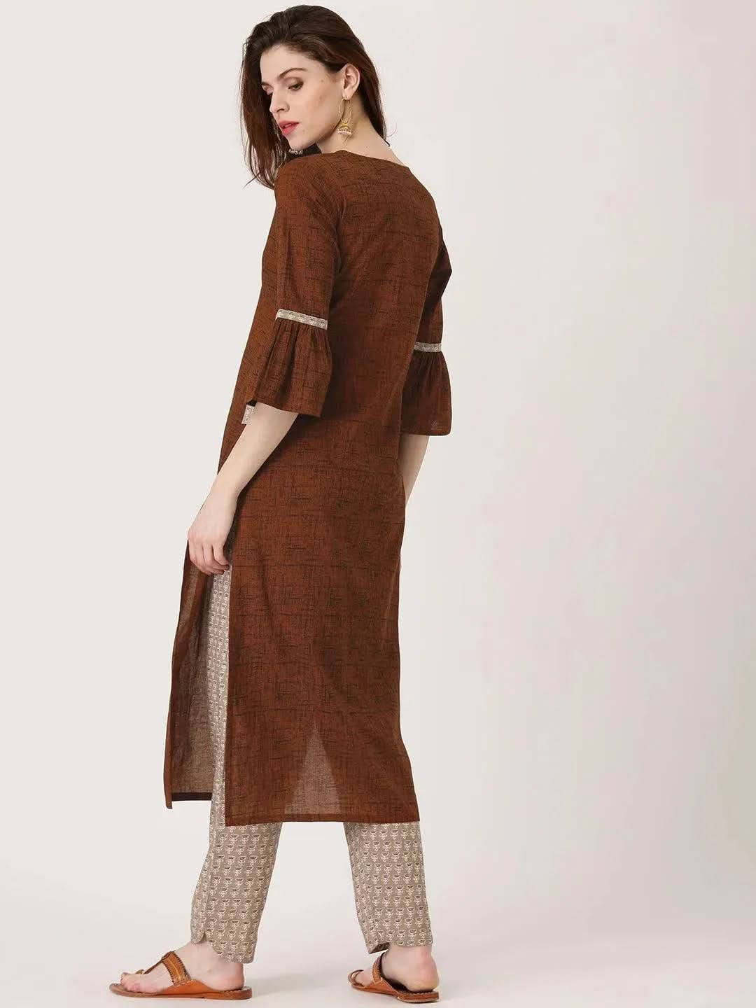 Anouk Brown Printed Cotton Straight Kurta With Trousers