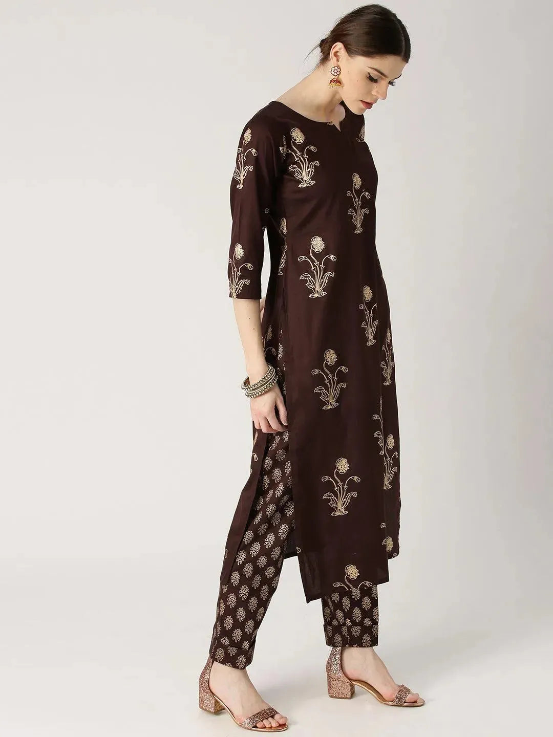 Anouk Brown Printed Cotton Straight Kurta With Trousers