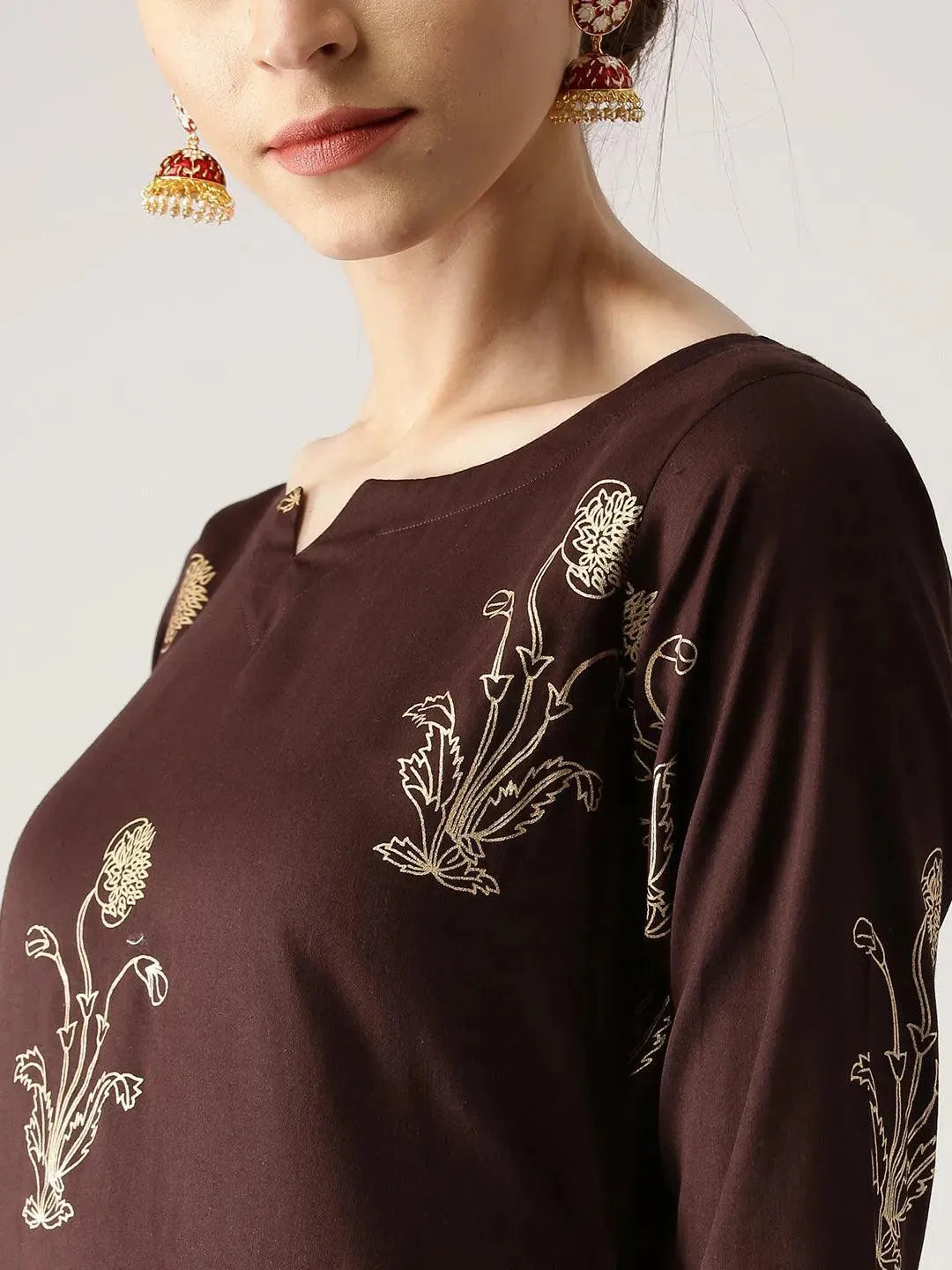 Anouk Brown Printed Cotton Straight Kurta With Trousers