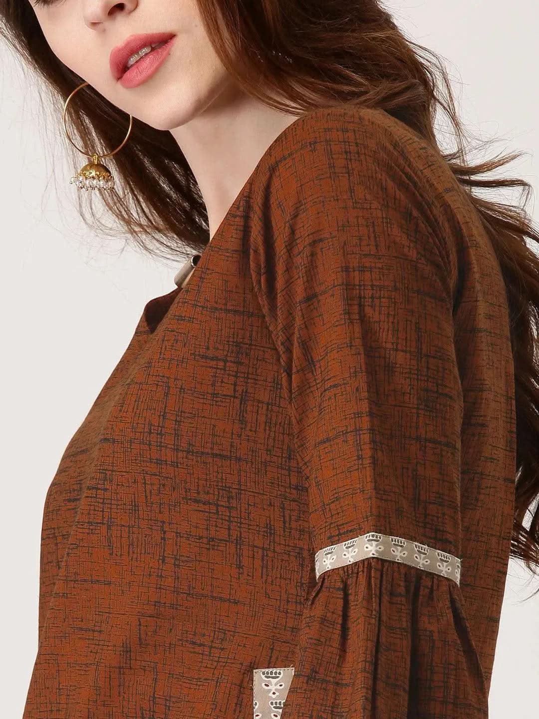 Anouk Brown Printed Cotton Straight Kurta With Trousers