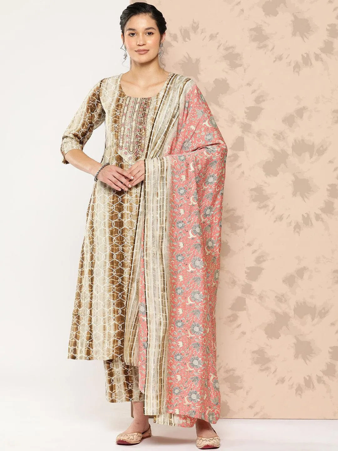 Anouk Brown Printed Silk Blend Straight Kurta With Trousers and Dupatta