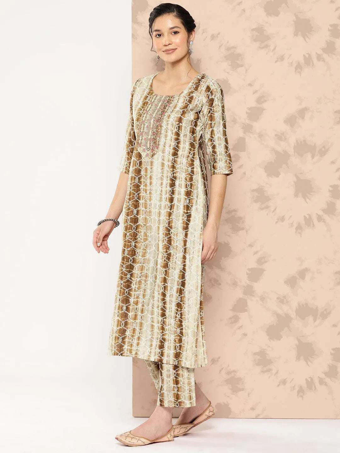 Anouk Brown Printed Silk Blend Straight Kurta With Trousers and Dupatta