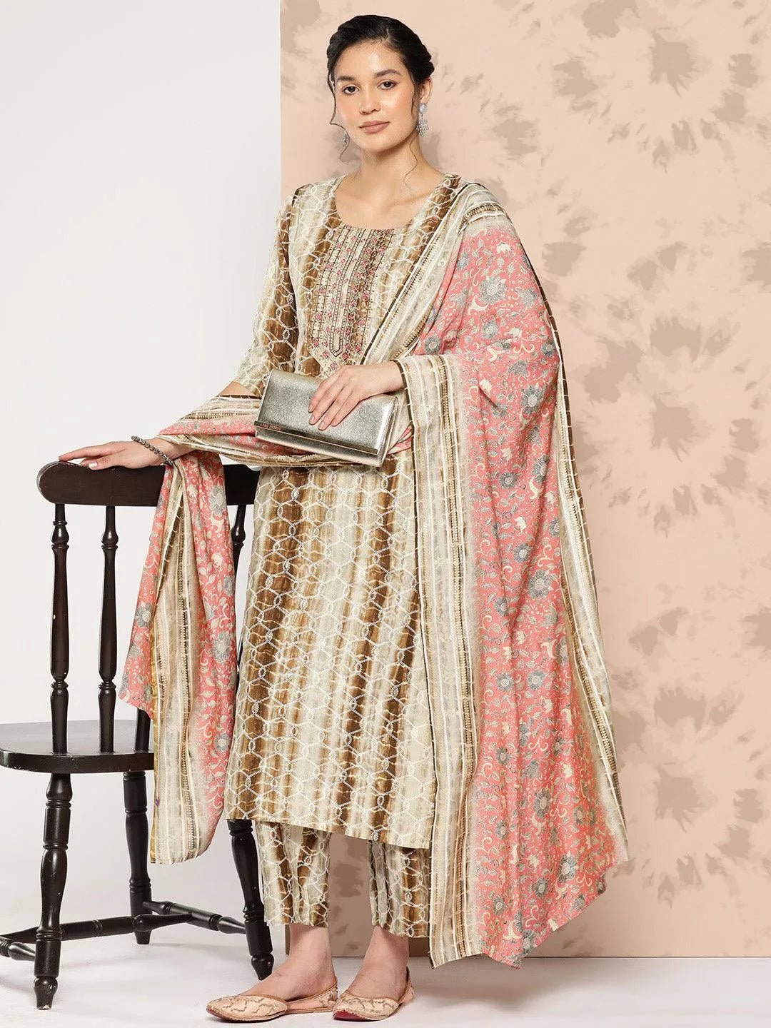 Anouk Brown Printed Silk Blend Straight Kurta With Trousers and Dupatta