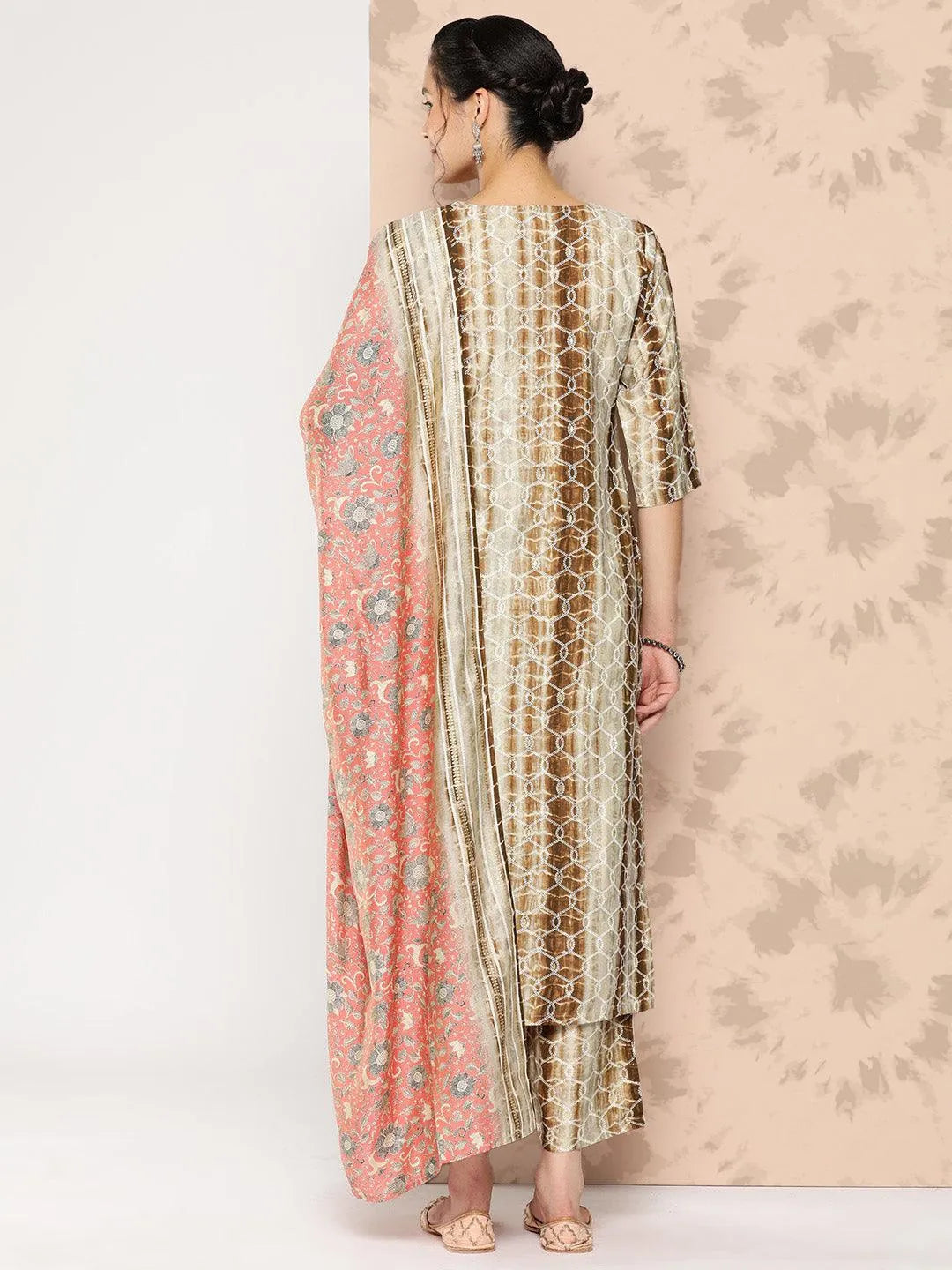 Anouk Brown Printed Silk Blend Straight Kurta With Trousers and Dupatta
