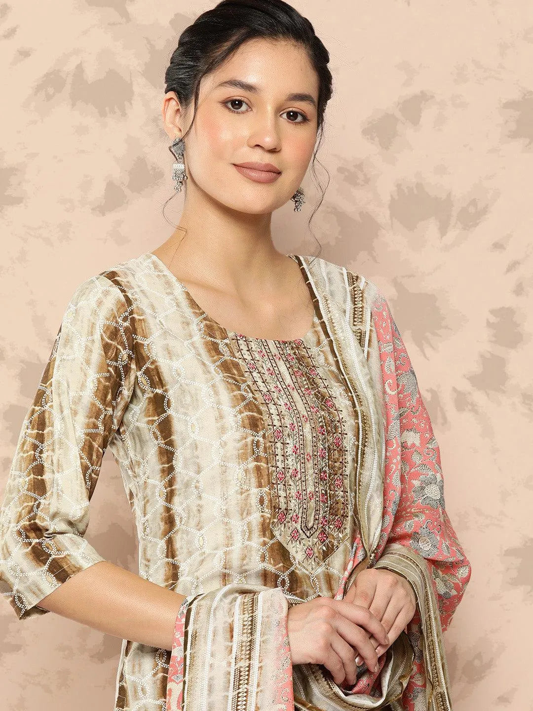 Anouk Brown Printed Silk Blend Straight Kurta With Trousers and Dupatta