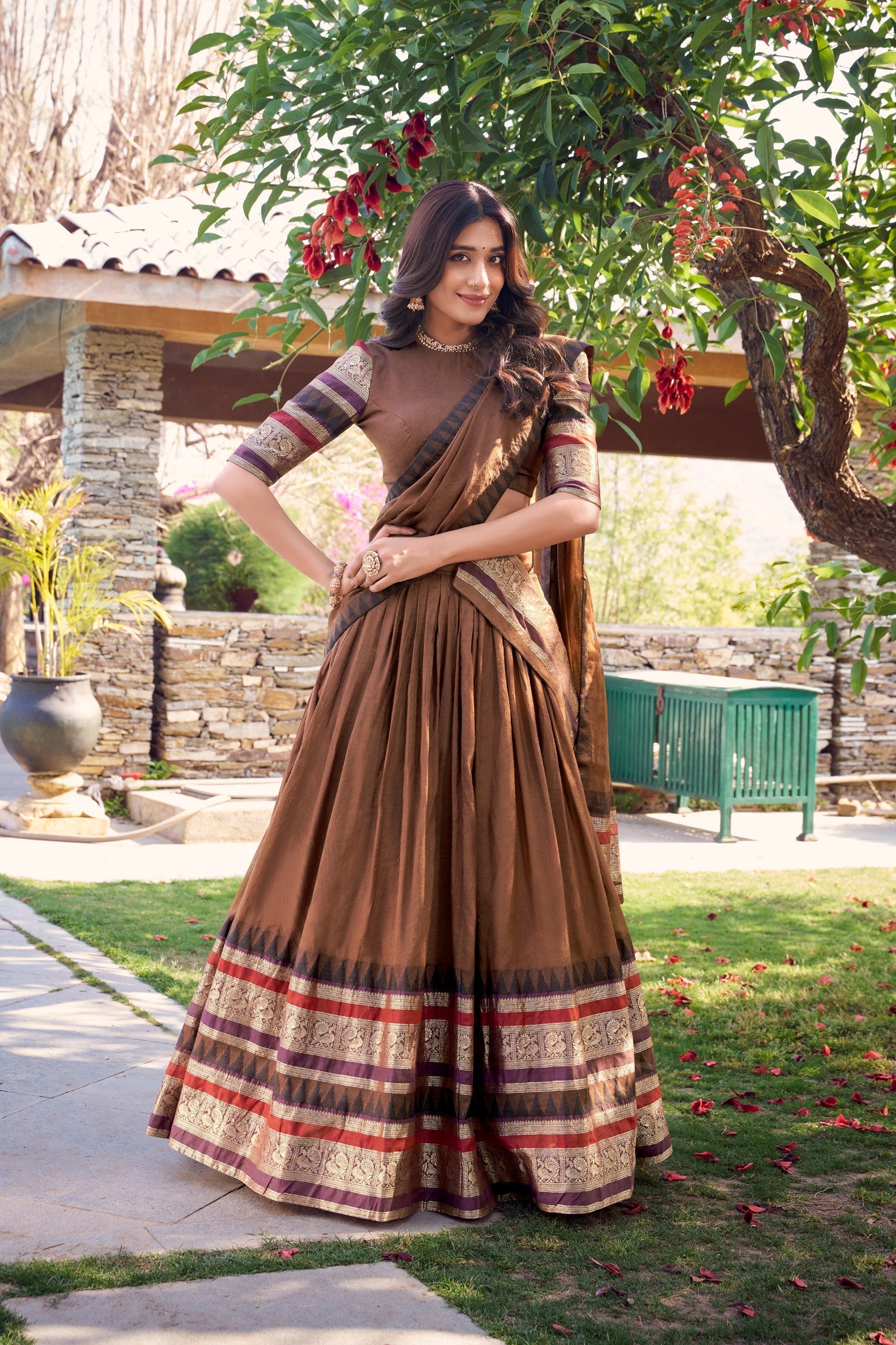Brown Pure Chanderi Elegance Stitched Lehenga Set with Zari Weaving – 3-Piece Ensemble
