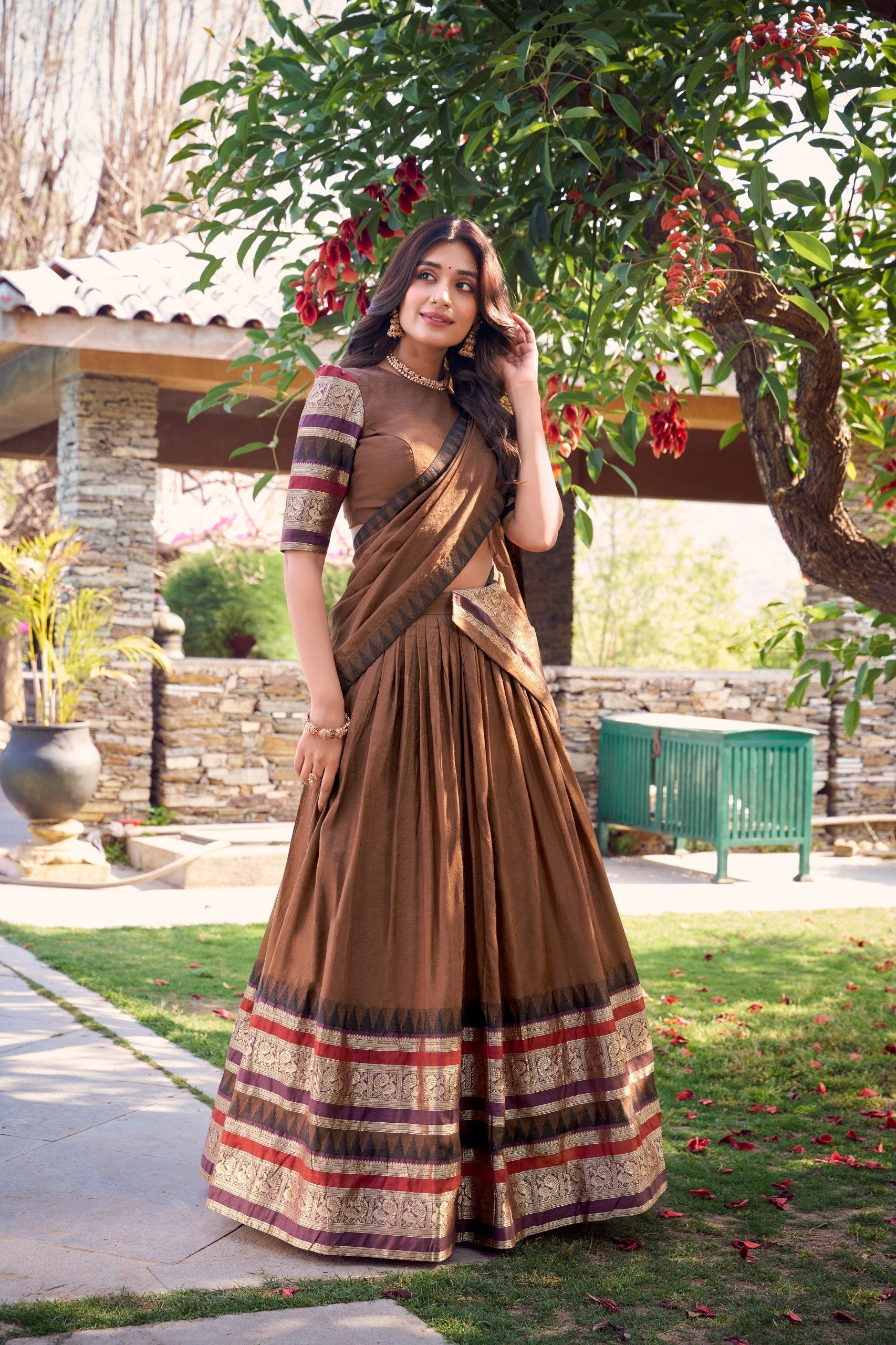 Brown Pure Chanderi Elegance Stitched Lehenga Set with Zari Weaving – 3-Piece Ensemble