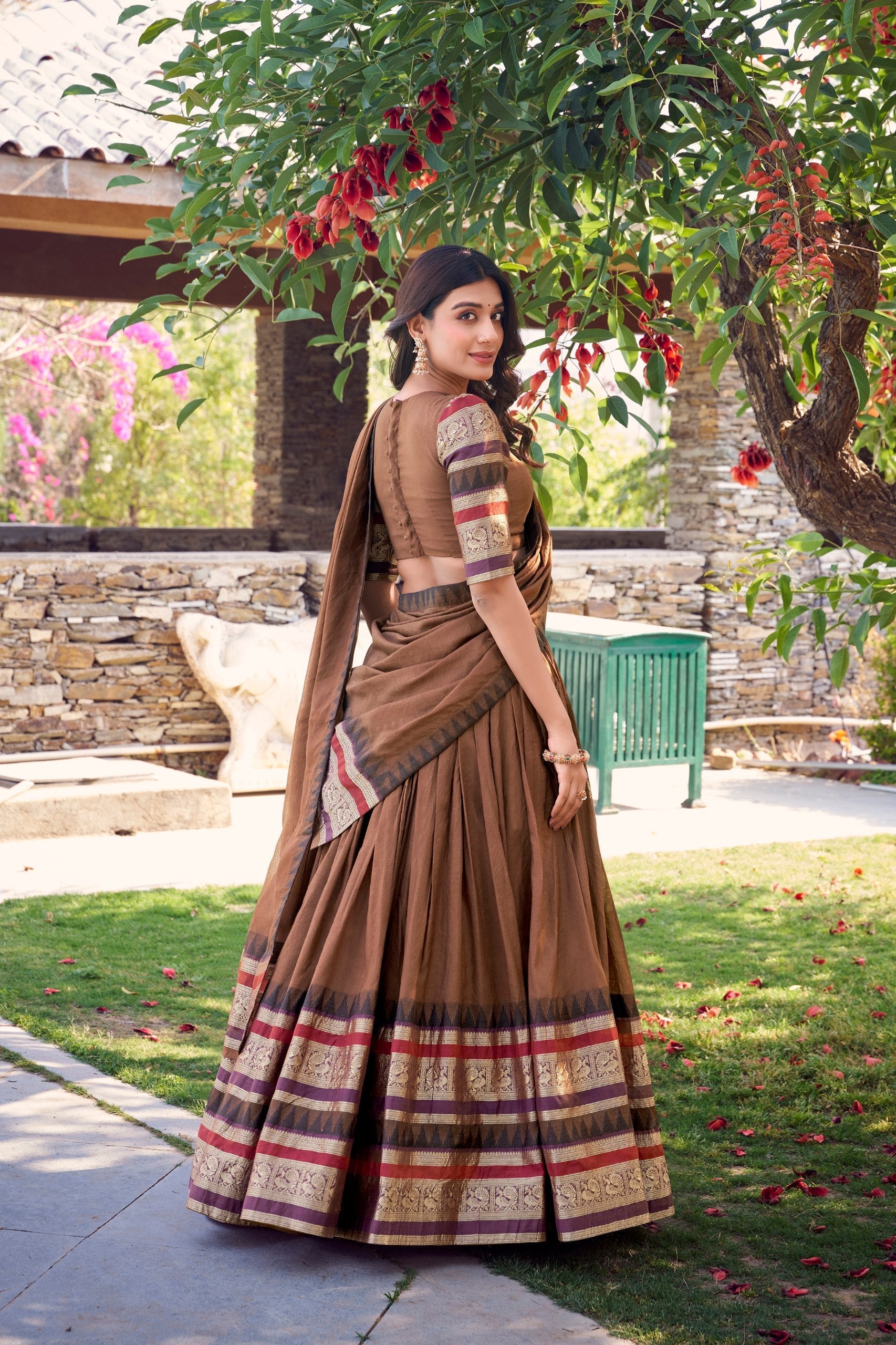 Brown Pure Chanderi Elegance Stitched Lehenga Set with Zari Weaving – 3-Piece Ensemble