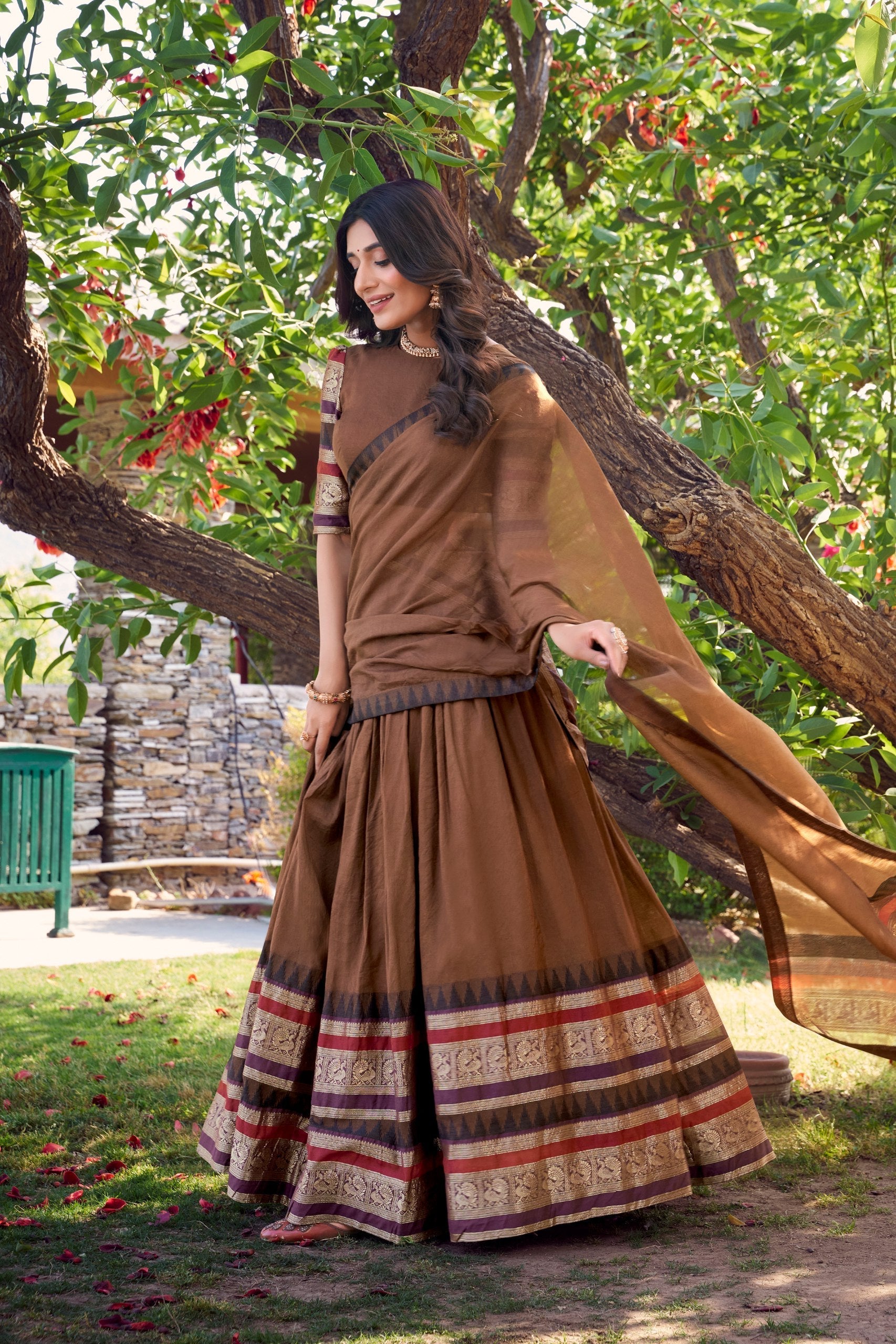 Brown Pure Chanderi Elegance Stitched Lehenga Set with Zari Weaving – 3-Piece Ensemble