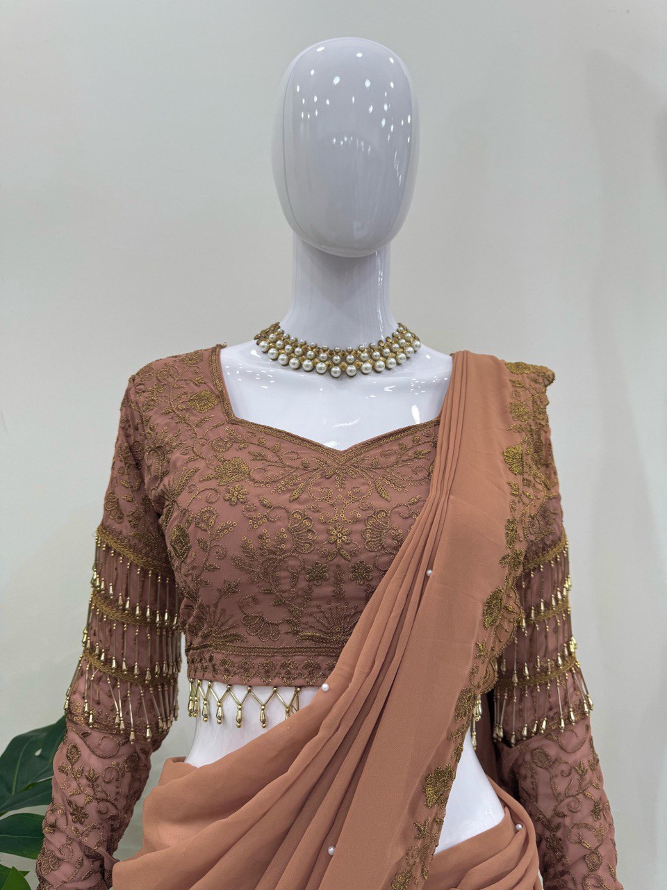 Brown Ready-to-Wear Faux Georgette Lehenga Saree Set with Embroidered Choli – Trendy & Elegant