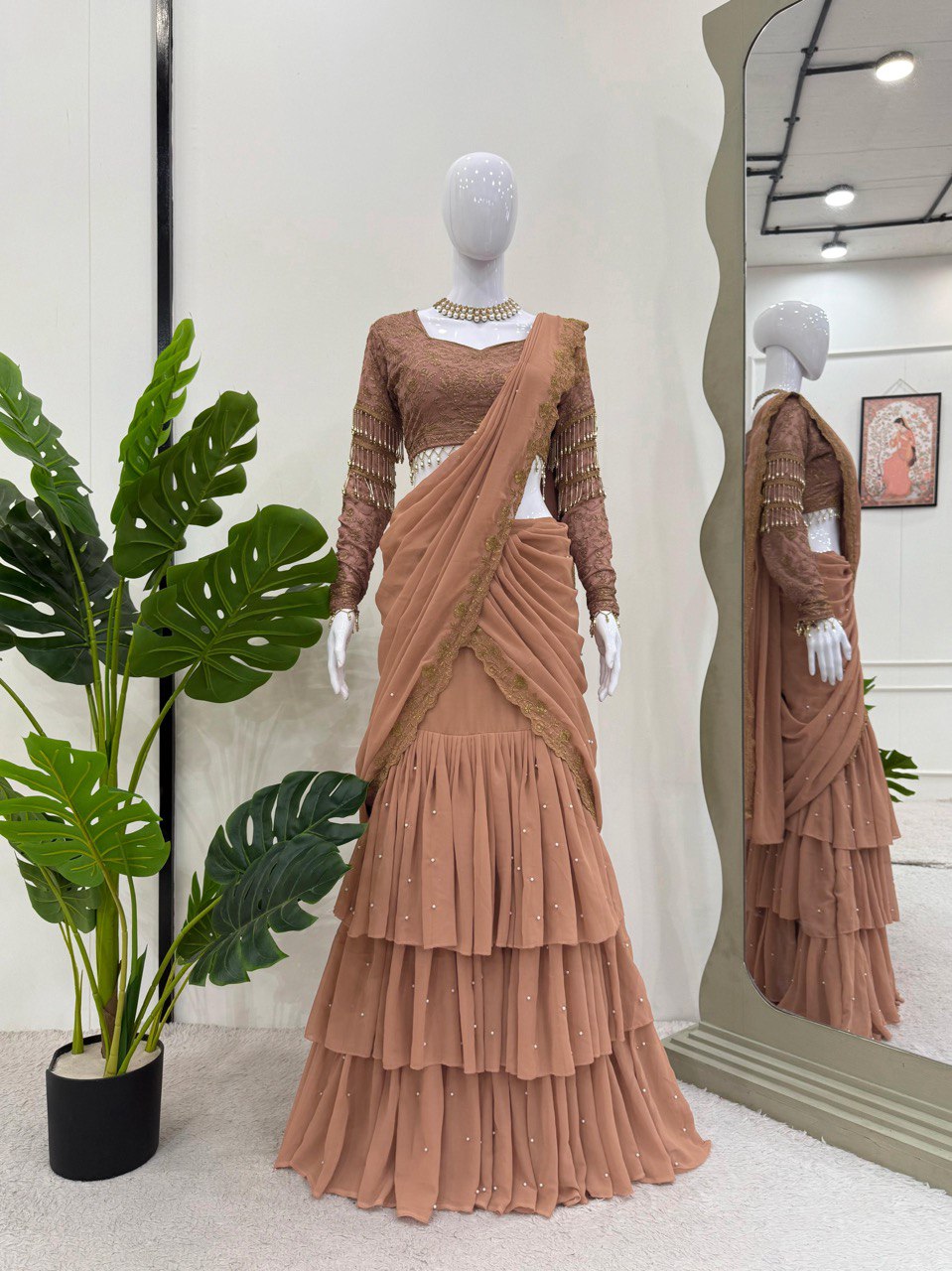 Brown Ready-to-Wear Faux Georgette Lehenga Saree Set with Embroidered Choli – Trendy & Elegant