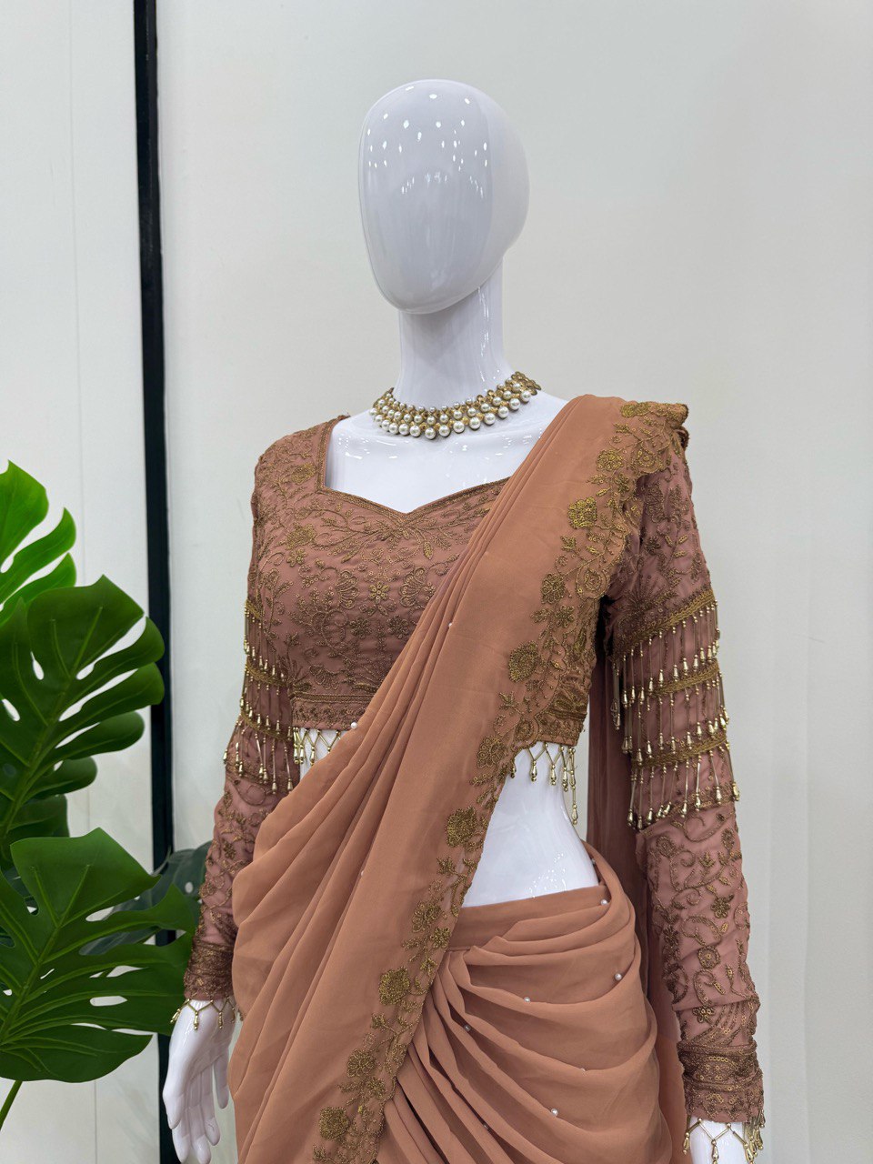 Brown Ready-to-Wear Faux Georgette Lehenga Saree Set with Embroidered Choli – Trendy & Elegant