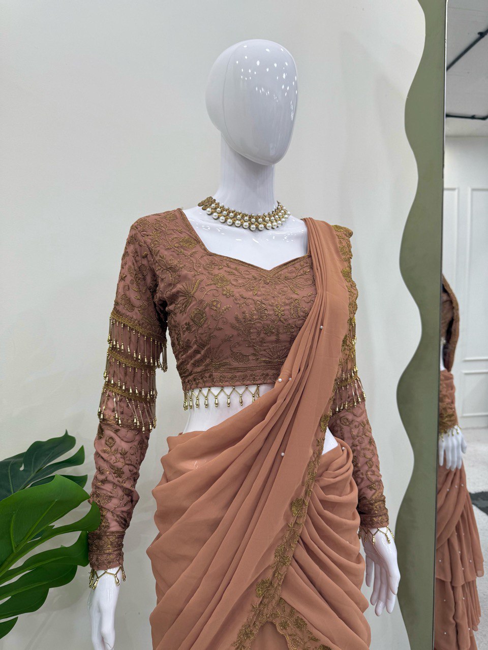 Brown Ready-to-Wear Faux Georgette Lehenga Saree Set with Embroidered Choli – Trendy & Elegant