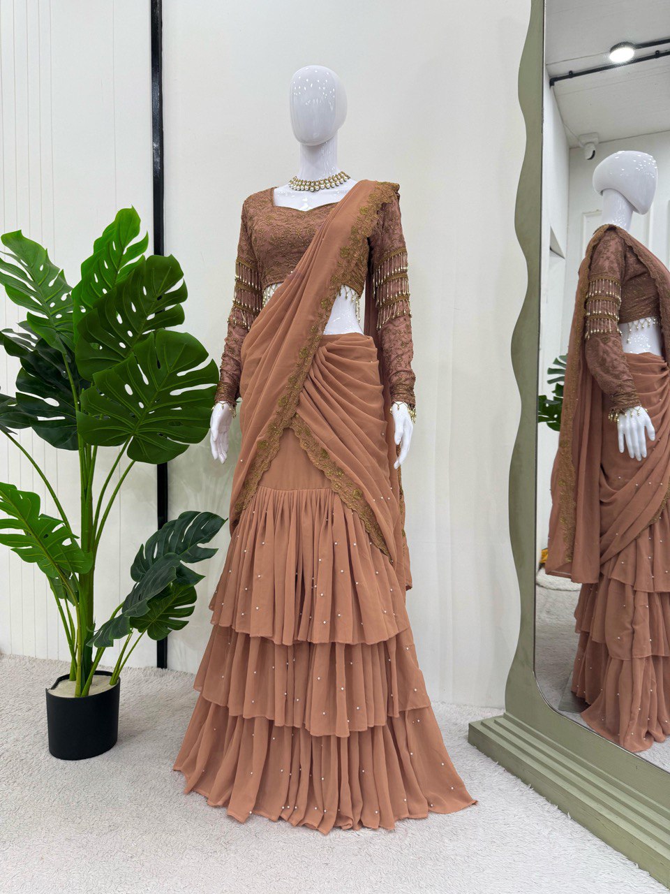Brown Ready-to-Wear Faux Georgette Lehenga Saree Set with Embroidered Choli – Trendy & Elegant
