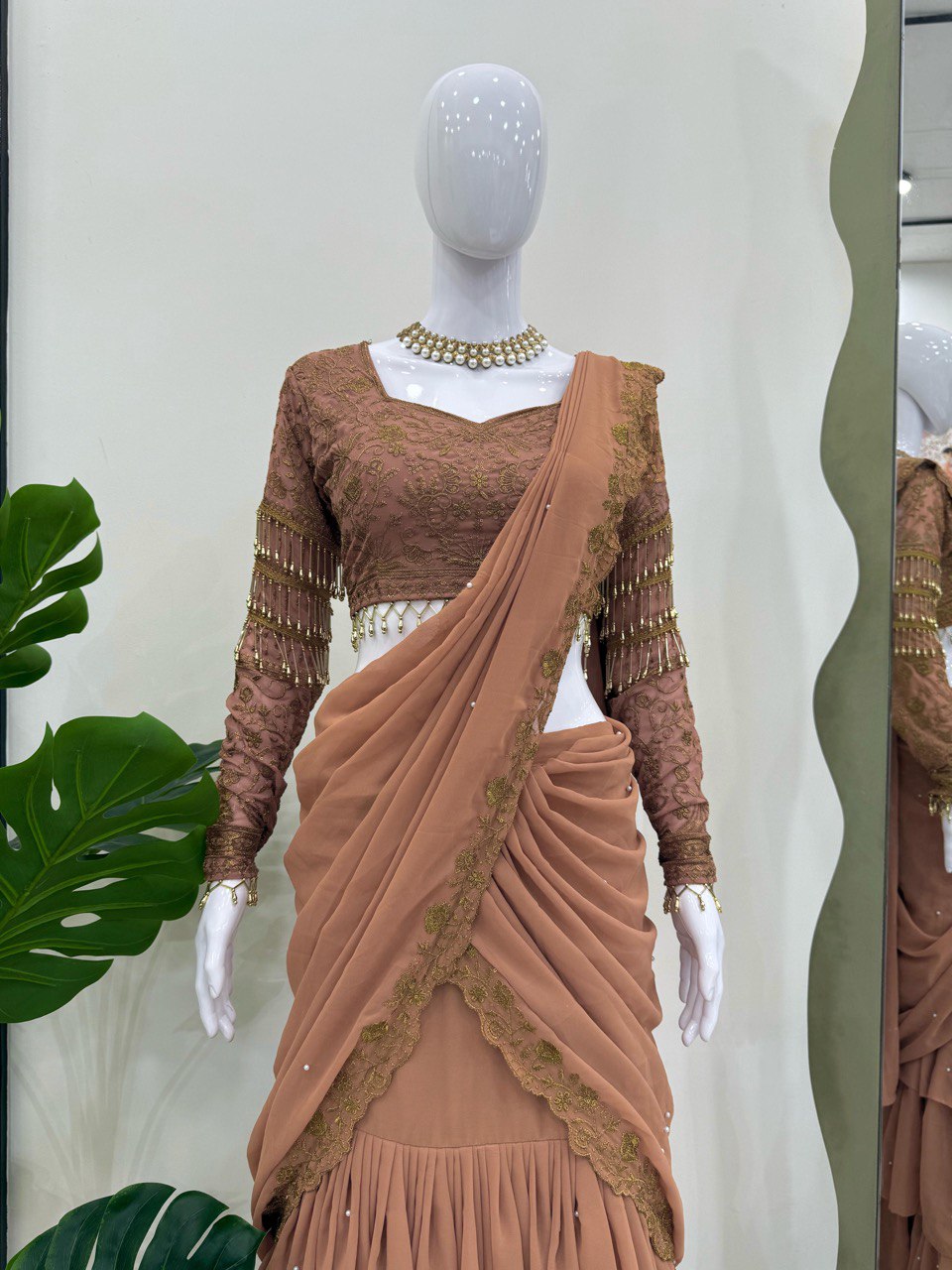 Brown Ready-to-Wear Faux Georgette Lehenga Saree Set with Embroidered Choli – Trendy & Elegant