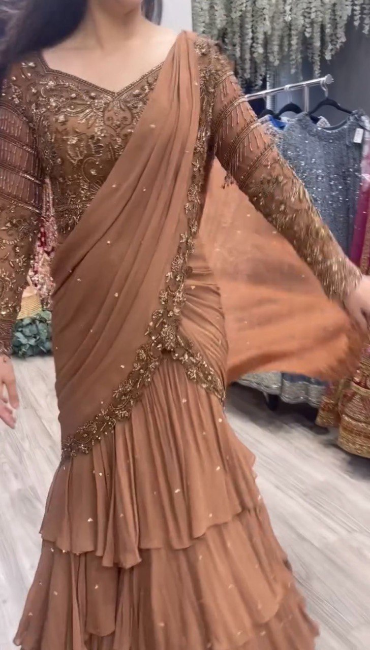 Brown Ready-to-Wear Faux Georgette Lehenga Saree Set with Embroidered Choli – Trendy & Elegant