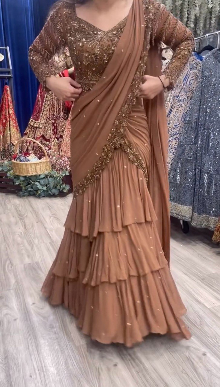 Brown Ready-to-Wear Faux Georgette Lehenga Saree Set with Embroidered Choli – Trendy & Elegant