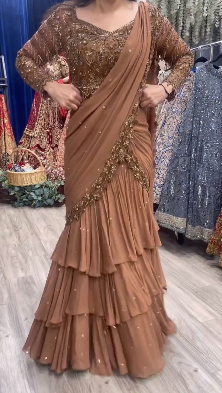 Brown Ready-to-Wear Faux Georgette Lehenga Saree Set with Embroidered Choli – Trendy & Elegant