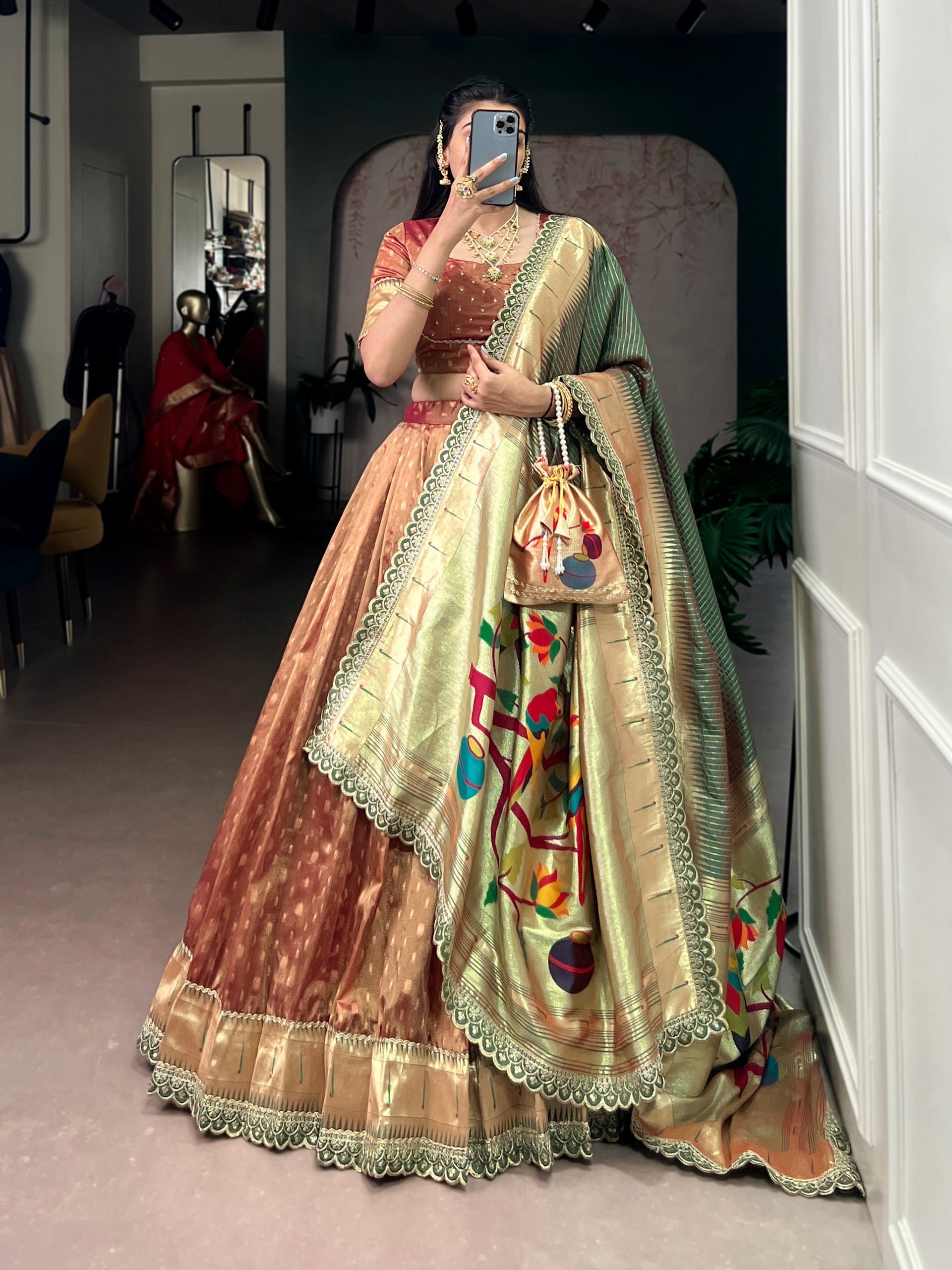 Brown Simmer Lehenga with Paithani Dupatta & Batwa