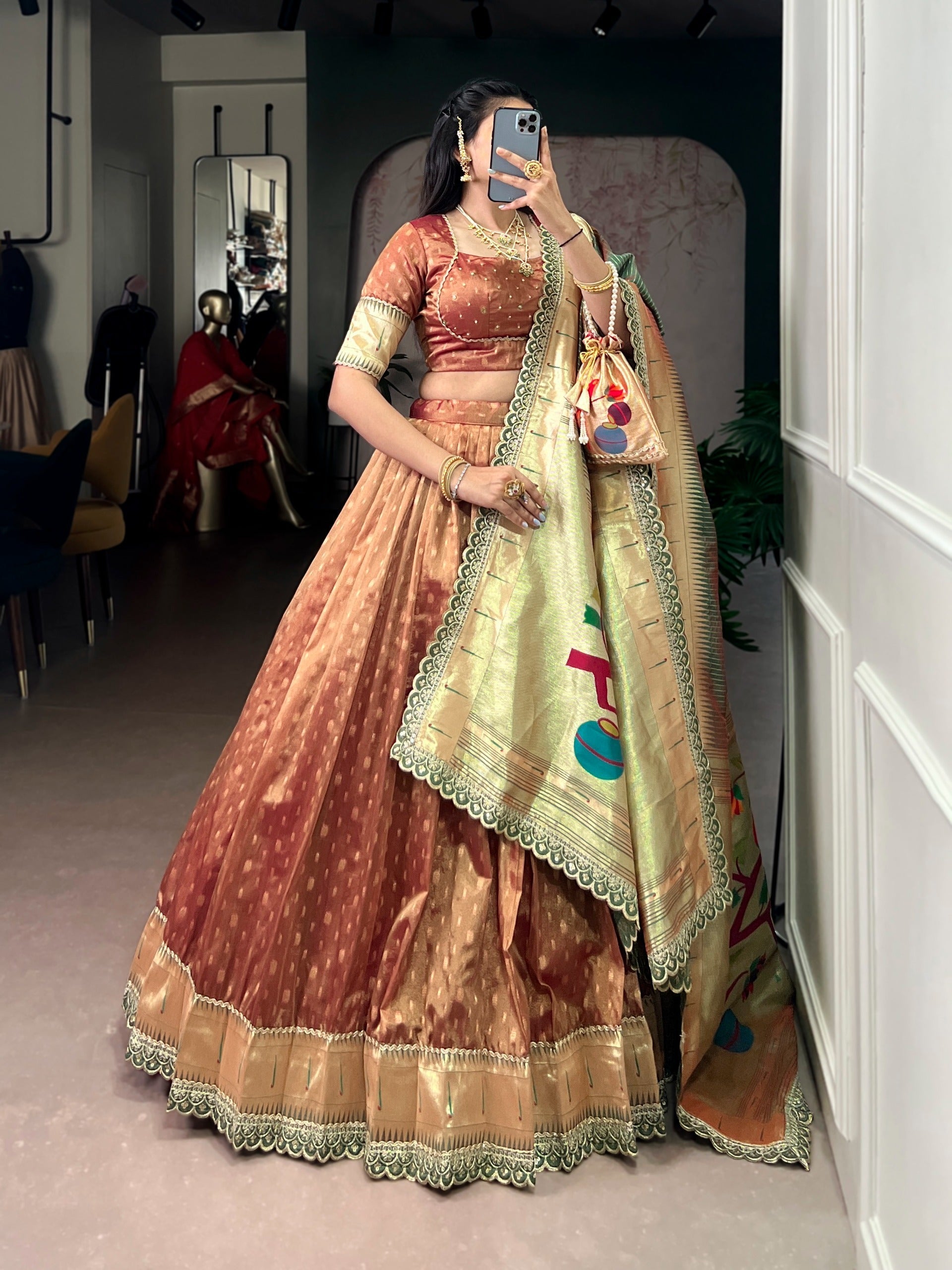 Brown Simmer Lehenga with Paithani Dupatta & Batwa