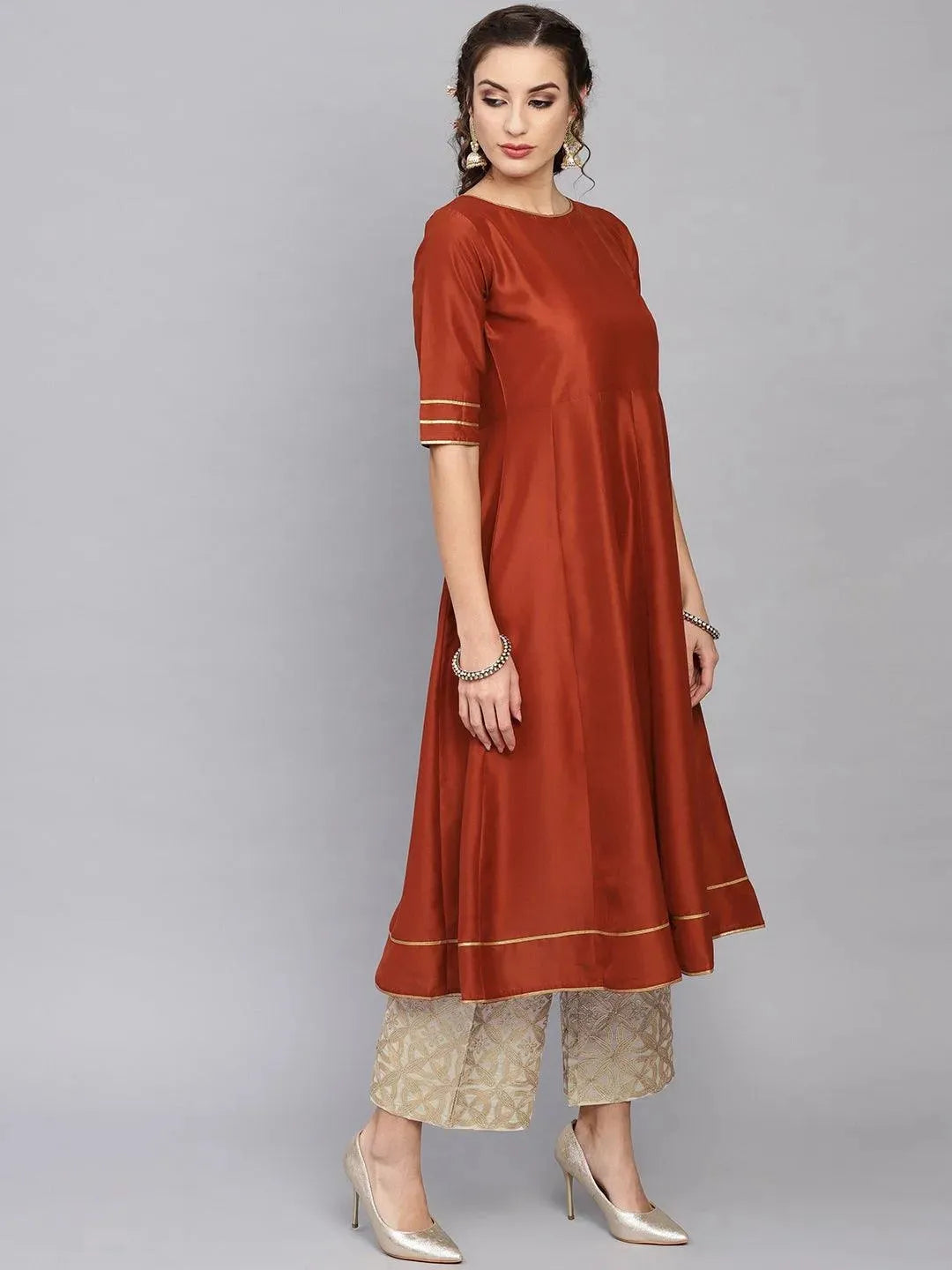 Anouk Brown Solid Muslin Anarkali Kurta With Palazzos