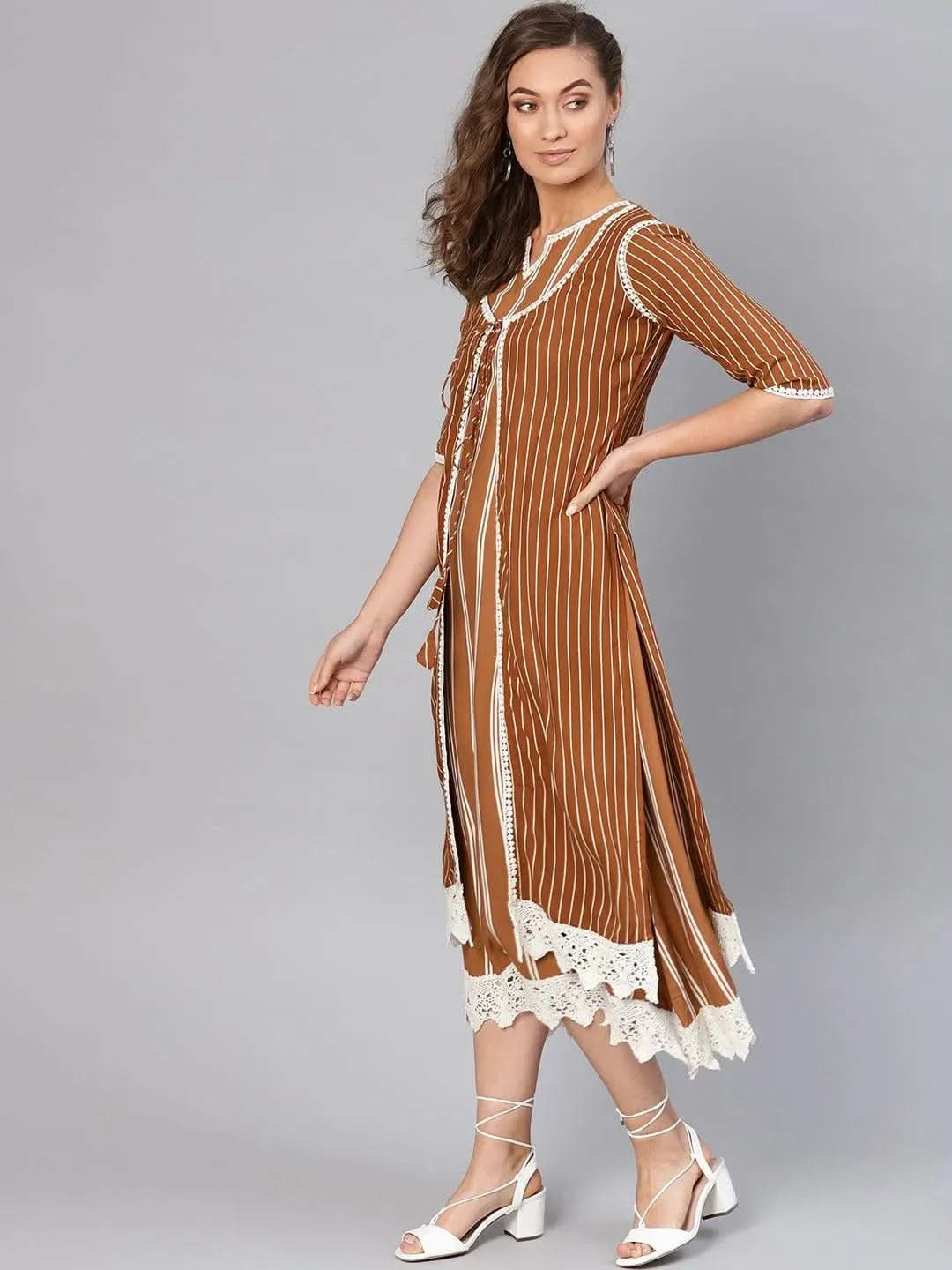 Anouk Brown Striped Rayon Dress With Jacket