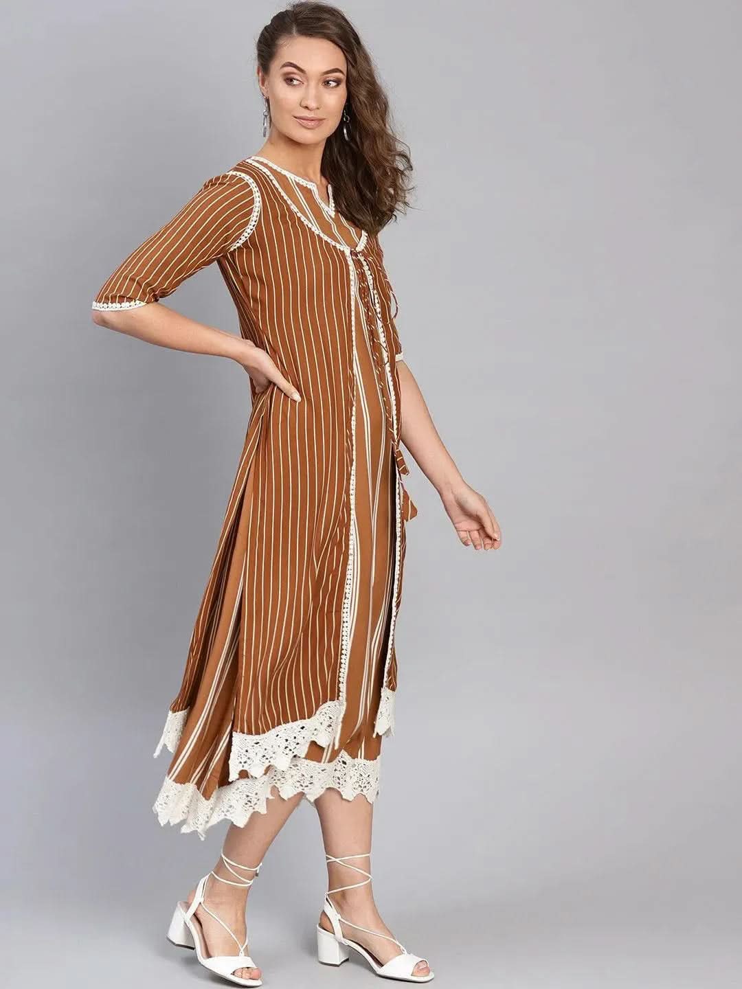 Anouk Brown Striped Rayon Dress With Jacket