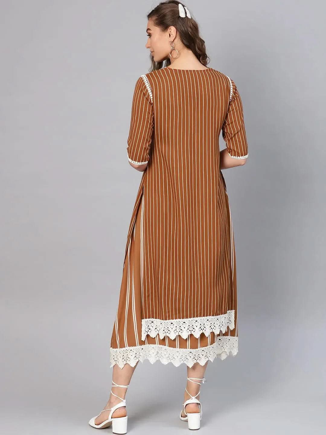 Anouk Brown Striped Rayon Dress With Jacket