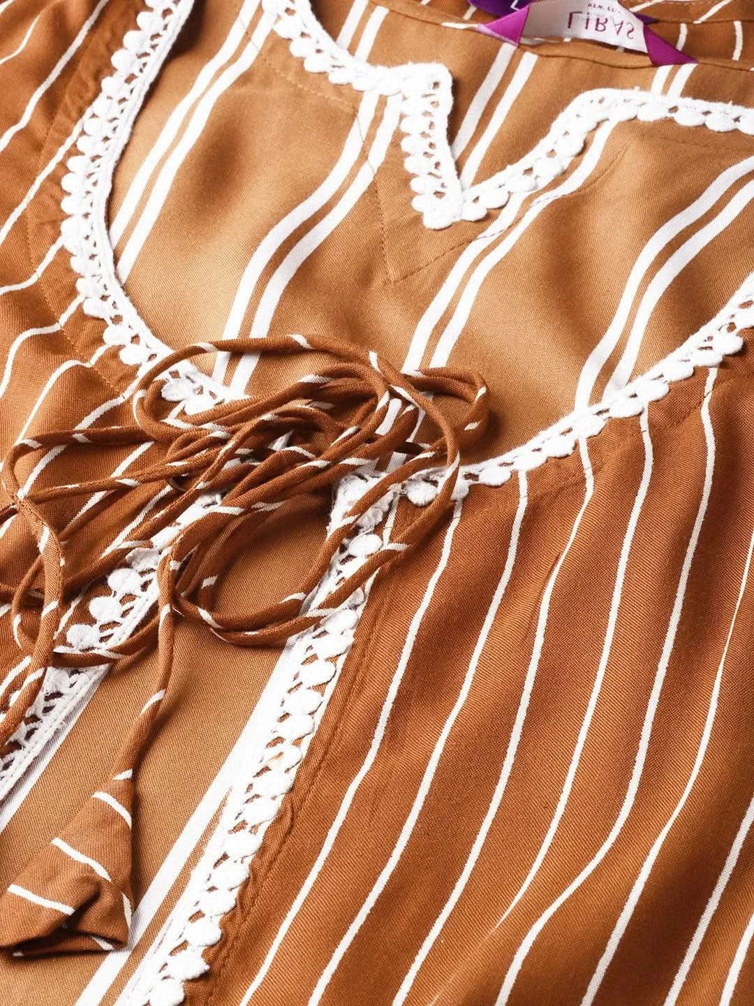 Anouk Brown Striped Rayon Dress With Jacket