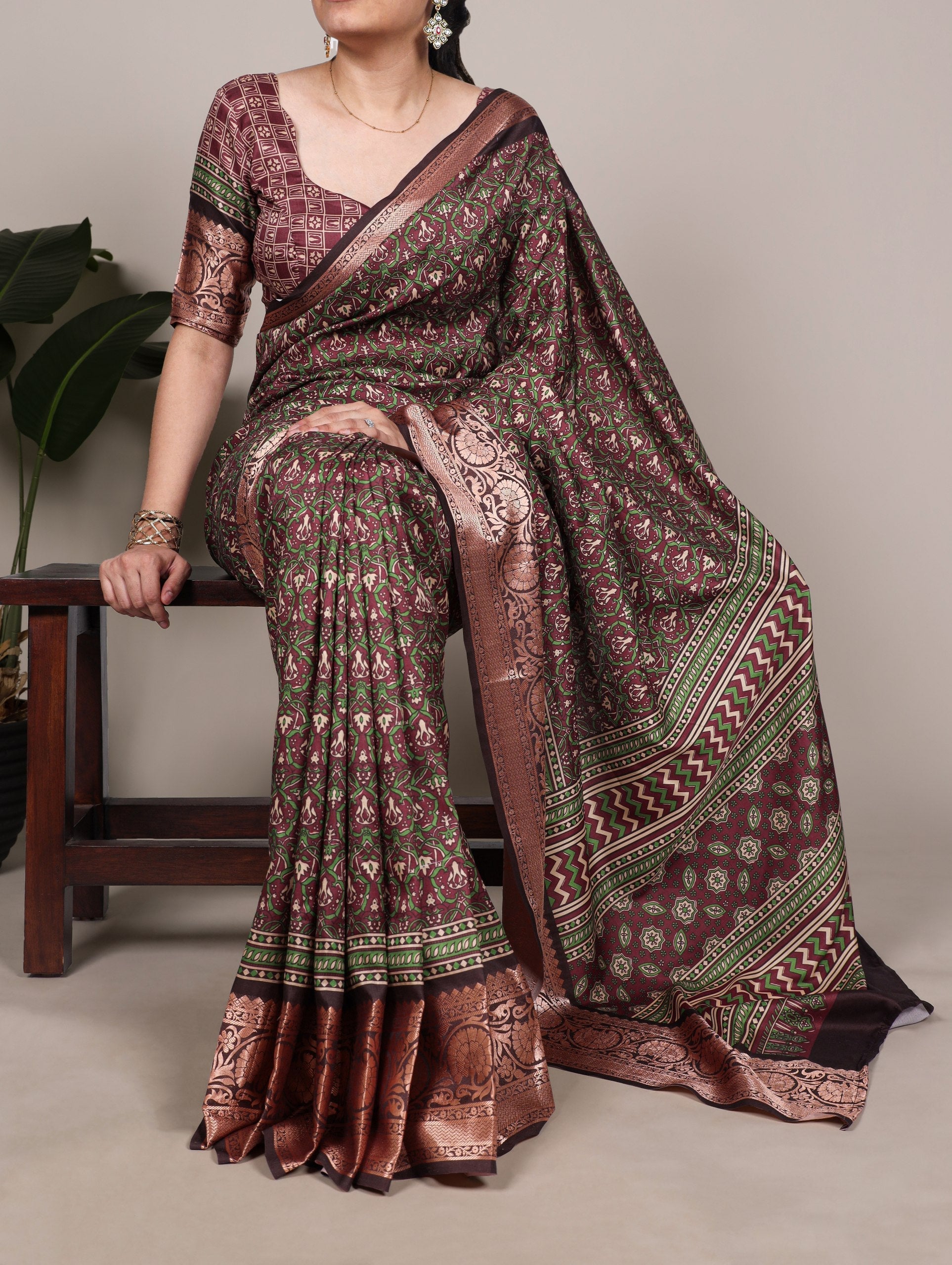 Brown Tasar Silk Printed Saree