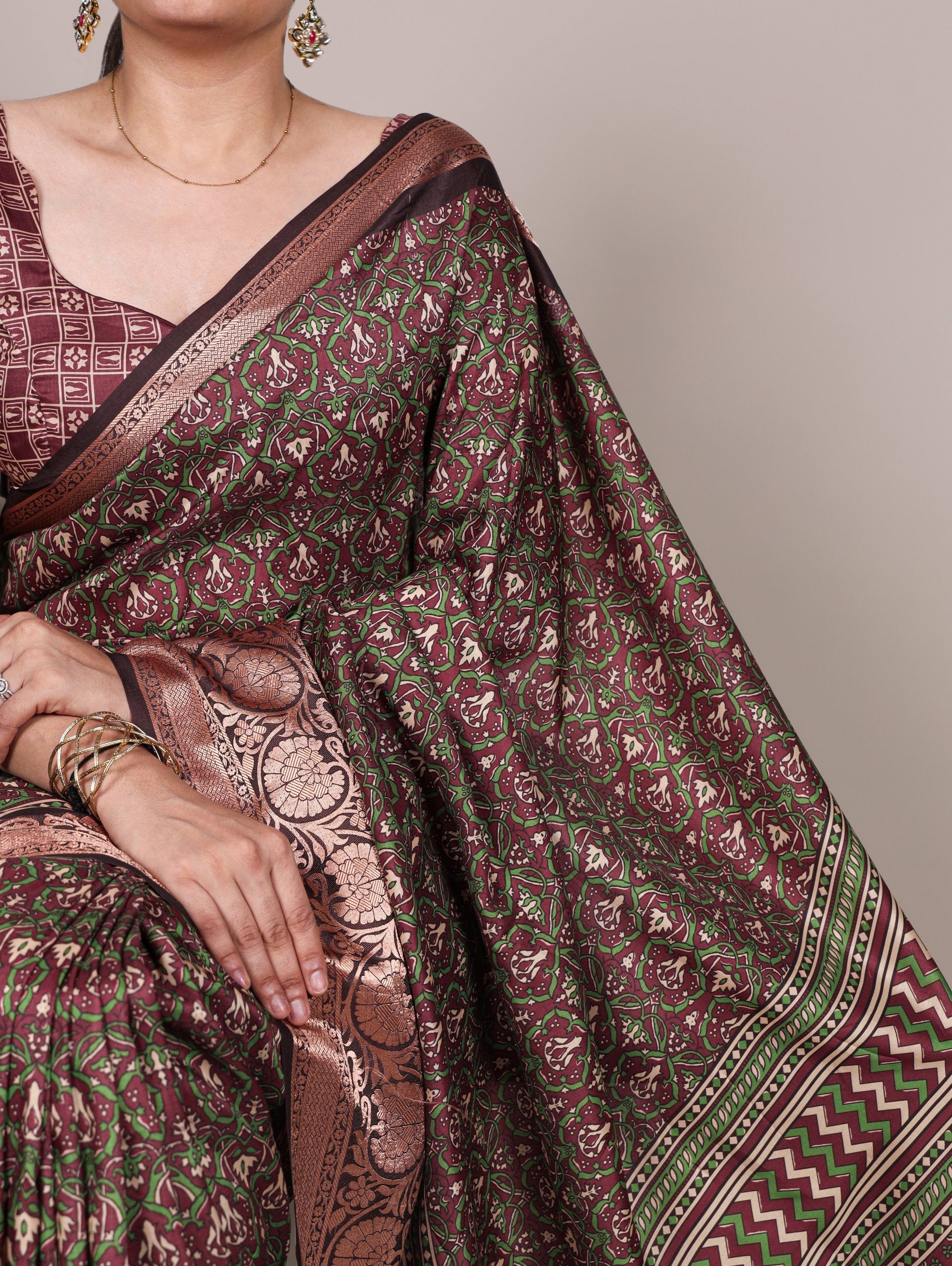 Brown Tasar Silk Printed Saree