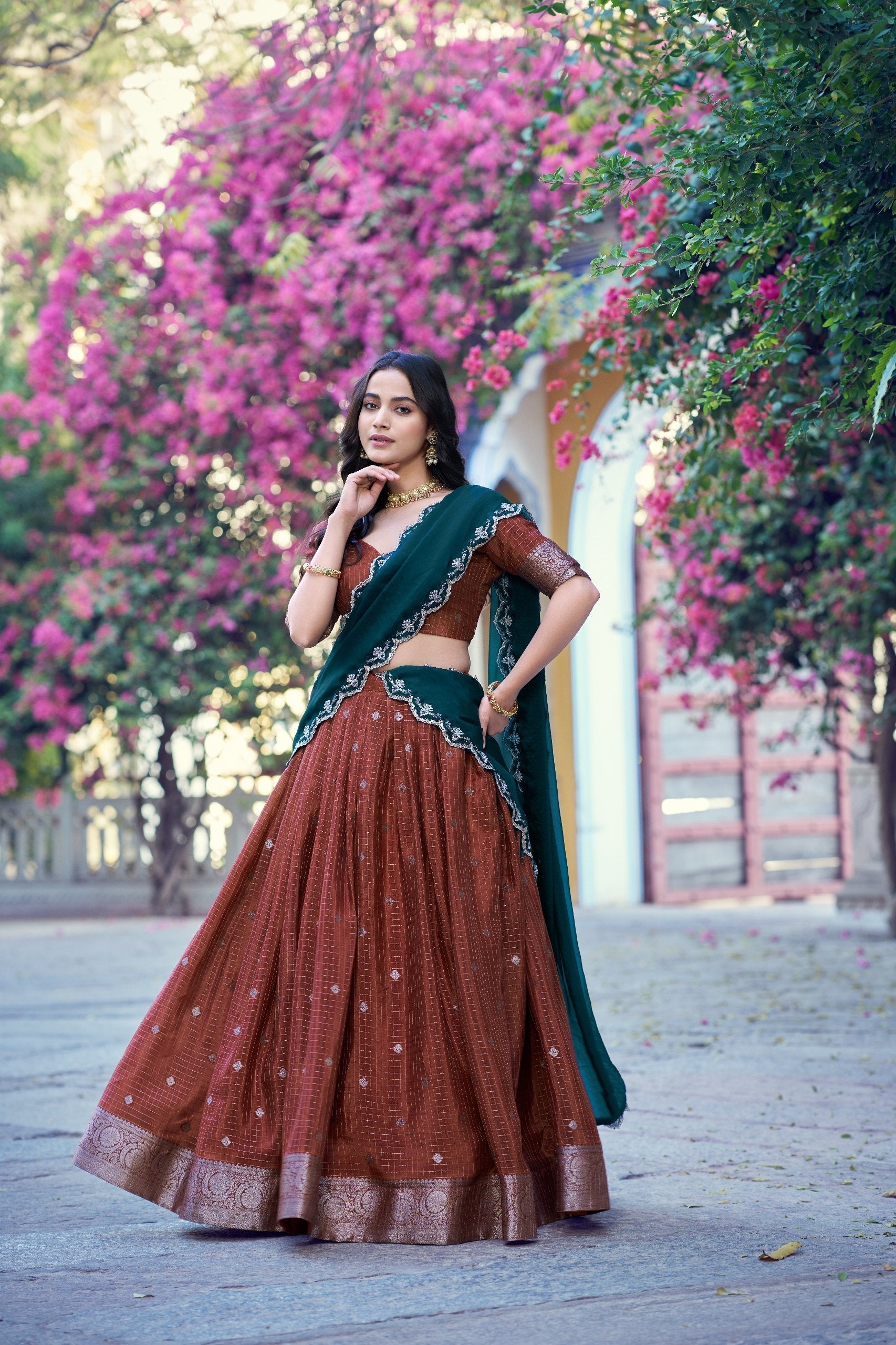 Brown Traditional Festive Checks Lehenga Set
