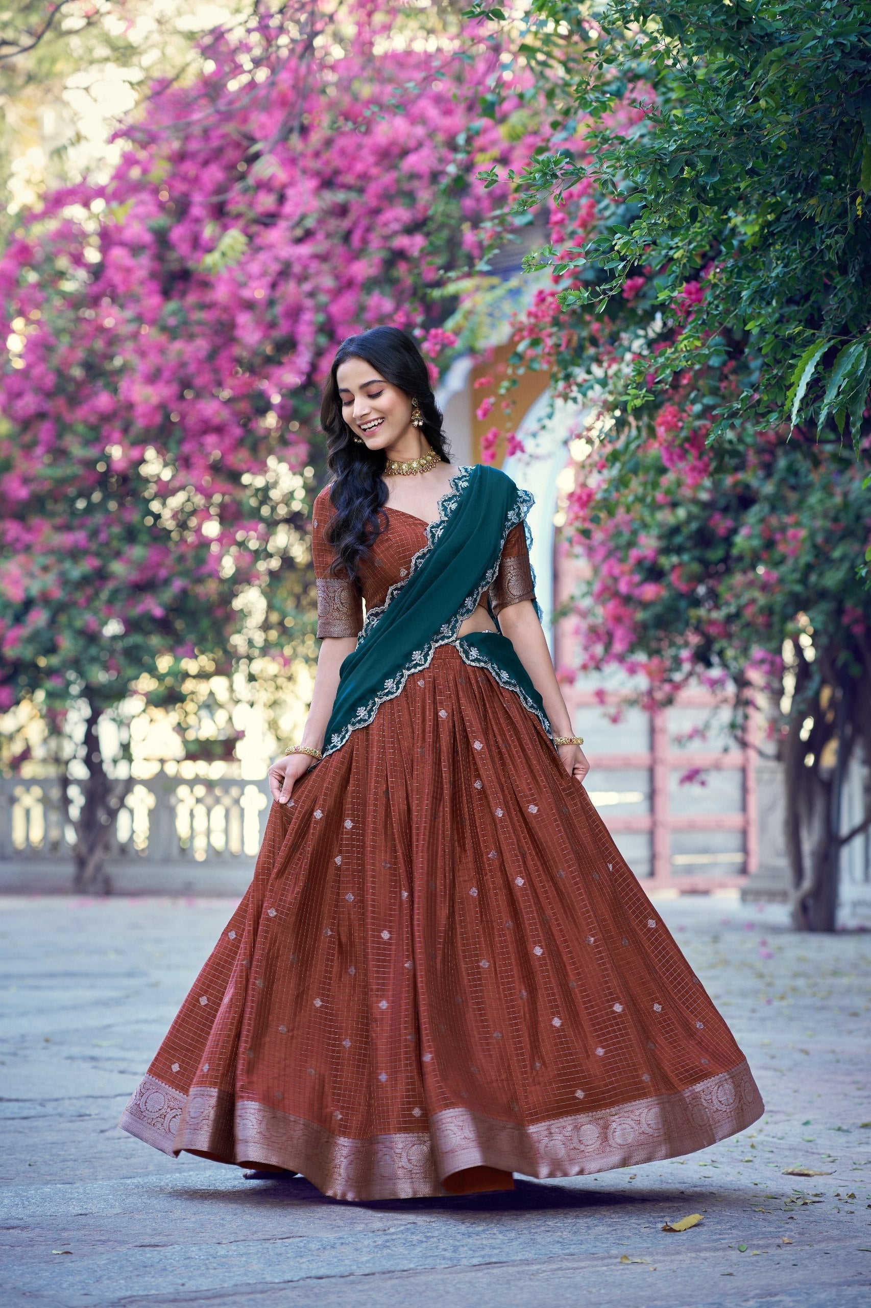 Brown Traditional Festive Checks Lehenga Set
