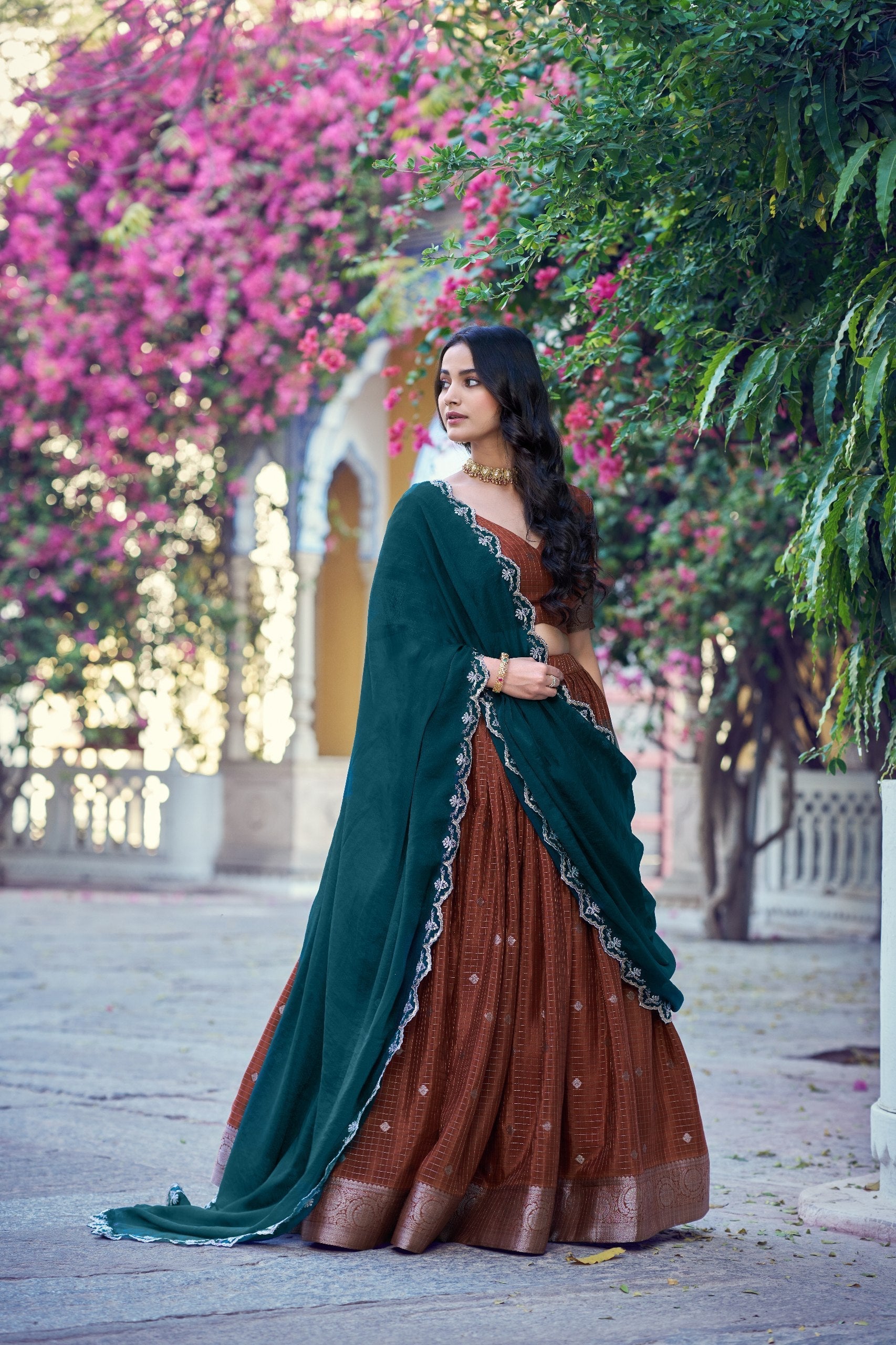 Brown Traditional Festive Checks Lehenga Set