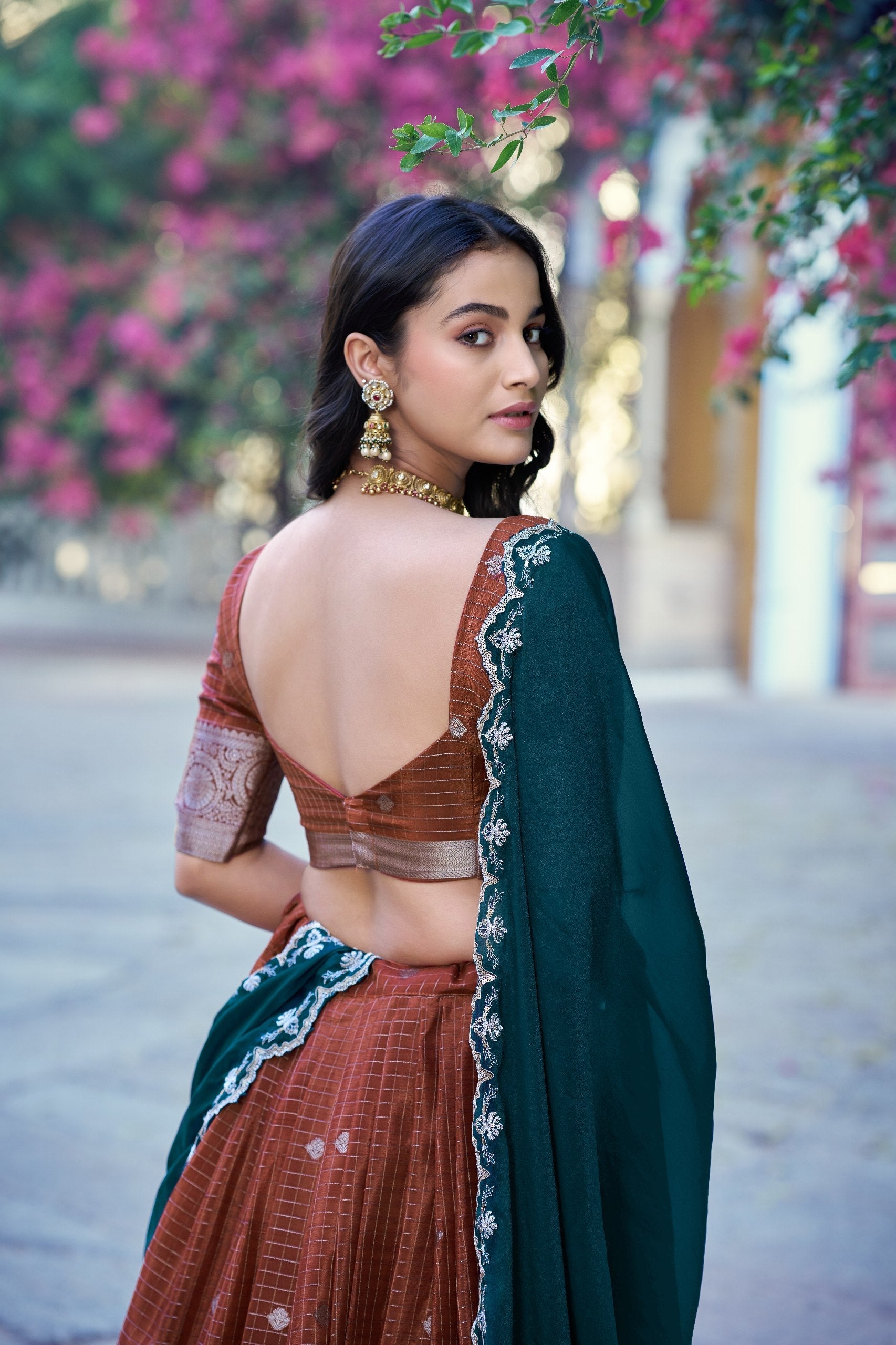 Brown Traditional Festive Checks Lehenga Set