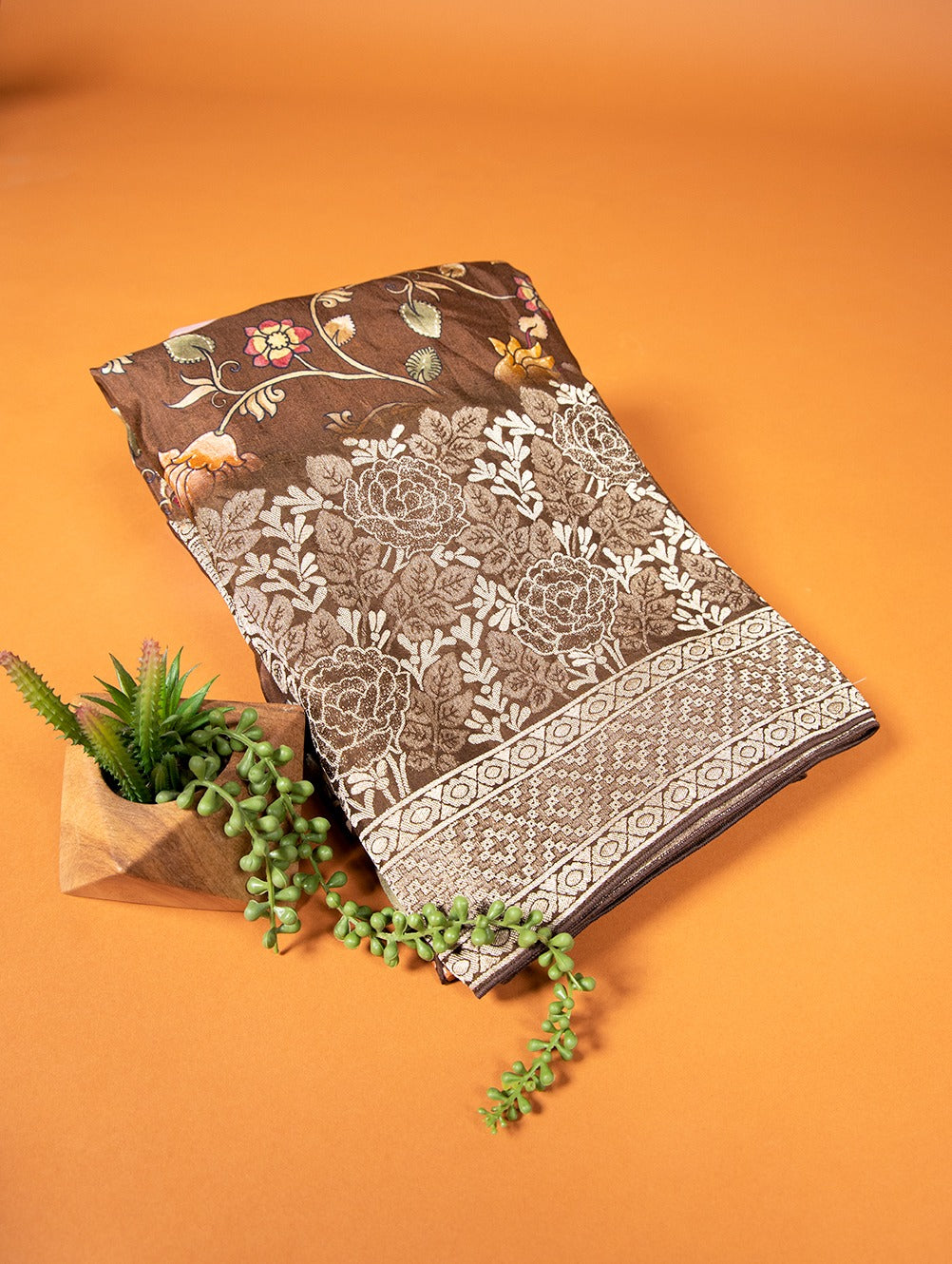Brown Viscose Kalamkari Saree with Zari Weaving & Tassels