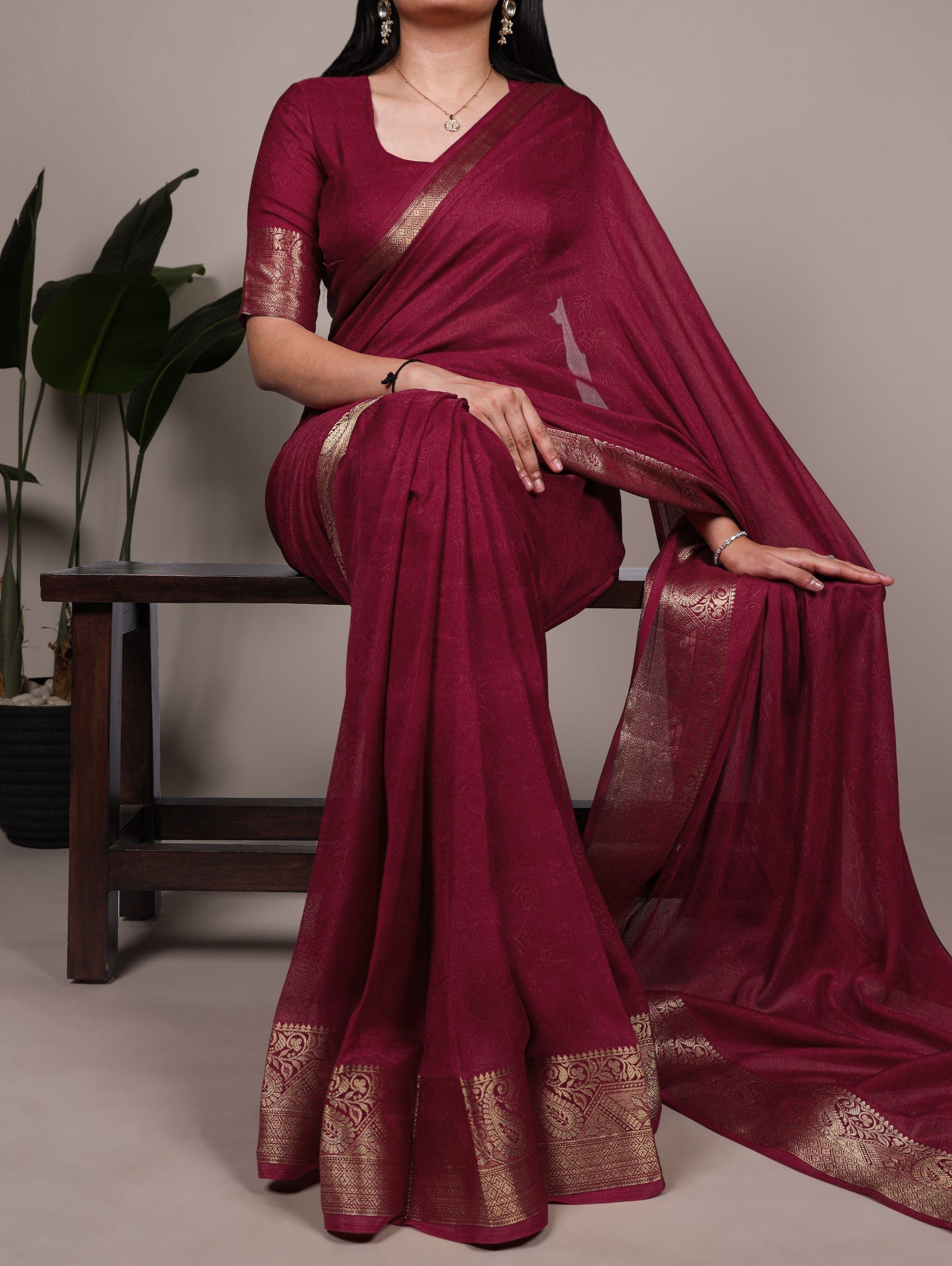 Burgundy Elegant Mass Mello Zari Weaving Saree with Matching Unstitched Blouse – Premium Party & Festive Wear